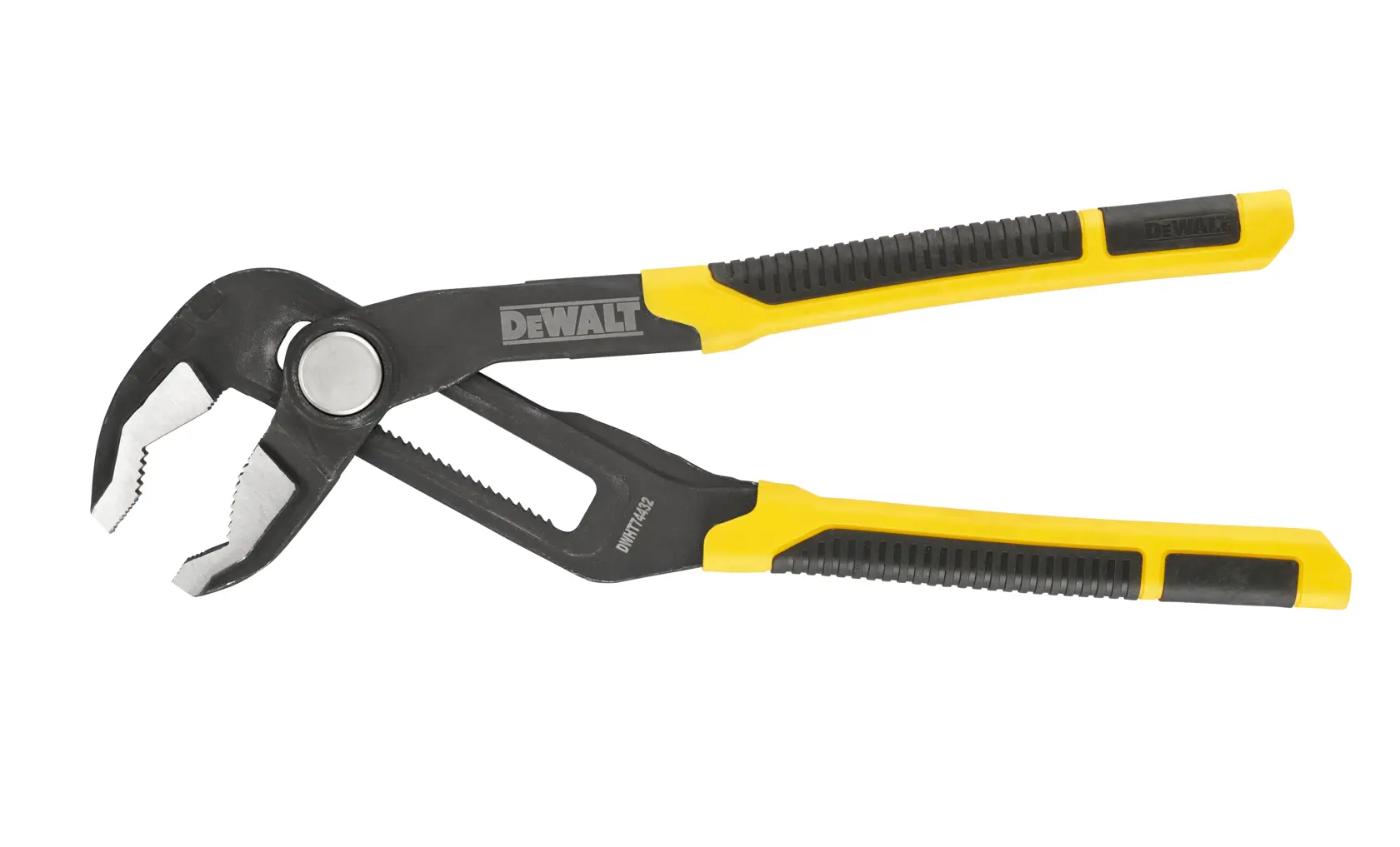 Alicate ajustável de união com ranhuras DEWALT com cabos amarelos e pretos, projetado para segurar e girar tubos ou conexões.