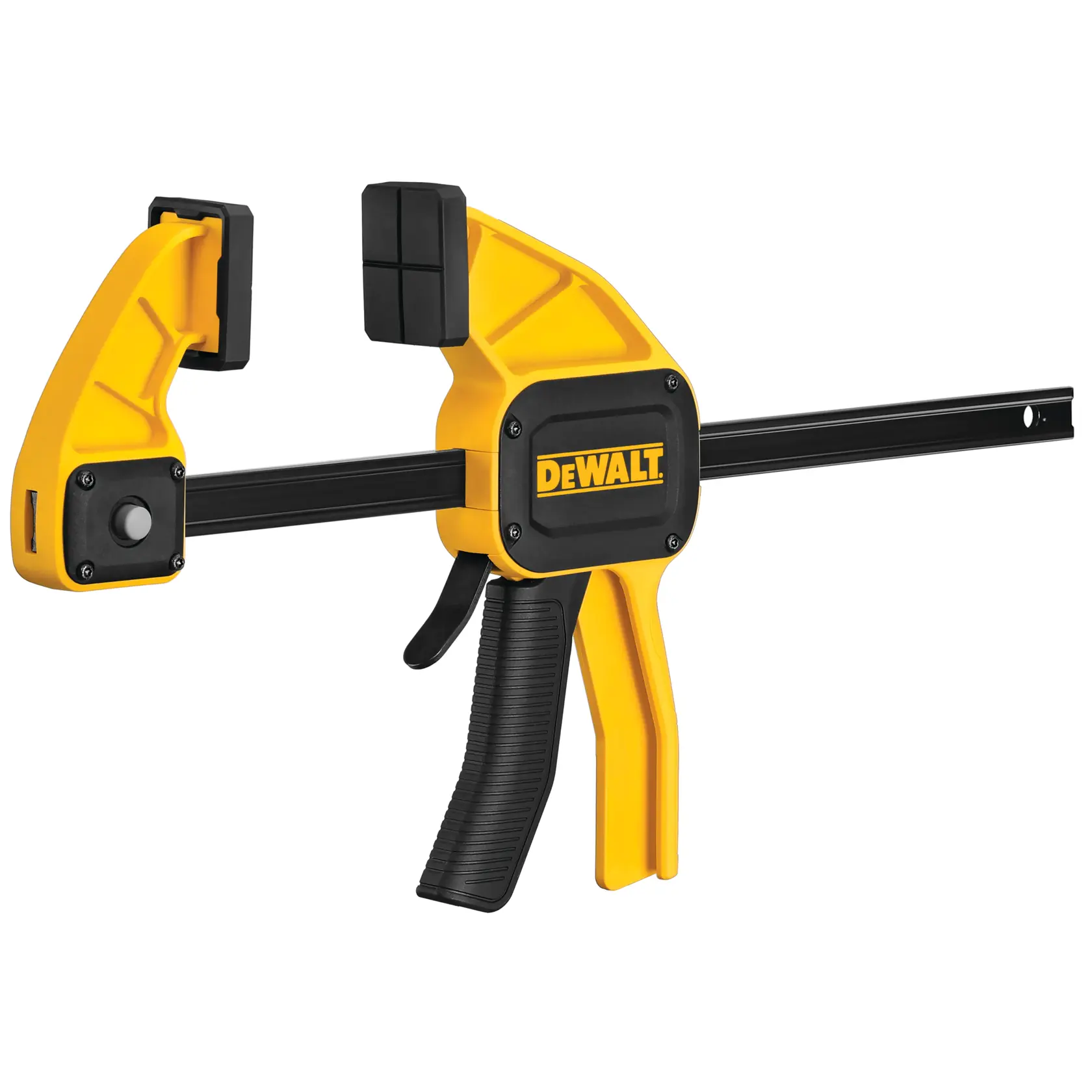 Sargento de gatillo DEWALT amarillo y negro con mordazas acolchadas para sujetar materiales firmemente.