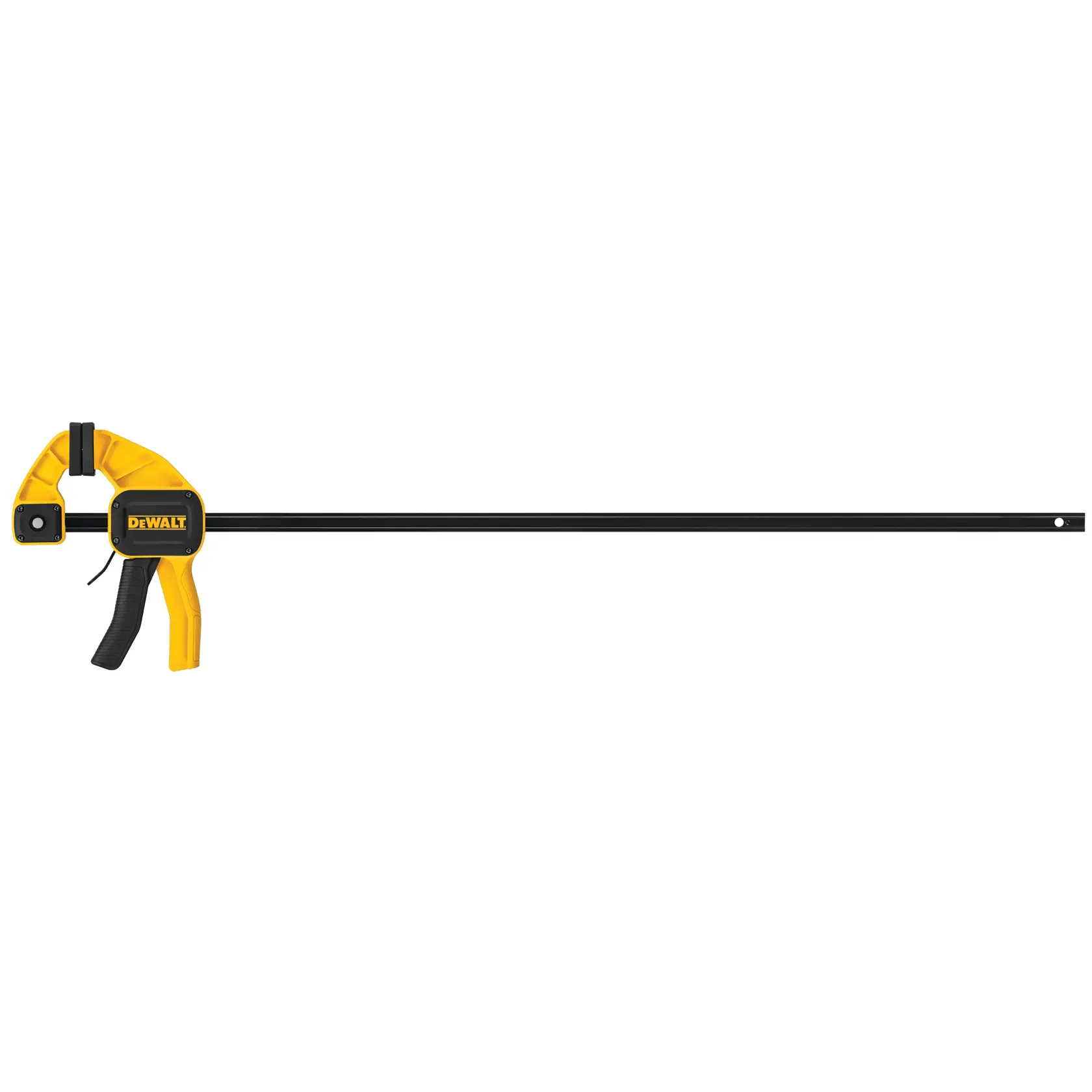Sargento de barra DEWALT con mango negro y amarillo, usado para sujetar materiales firmemente.
