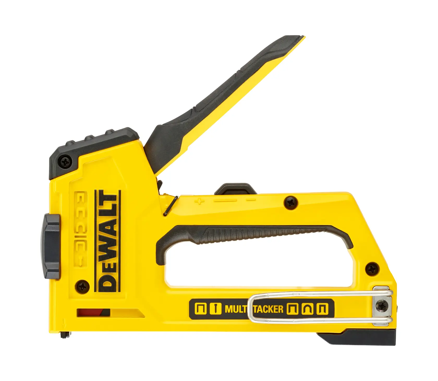 Um grampeador multi-tacker amarelo e preto DEWALT com cabo ergonômico e logotipo DEWALT visível. O modelo é DWHT0-TR510 e foi projetado para tarefas de fixação em fotografia ou outros projetos.