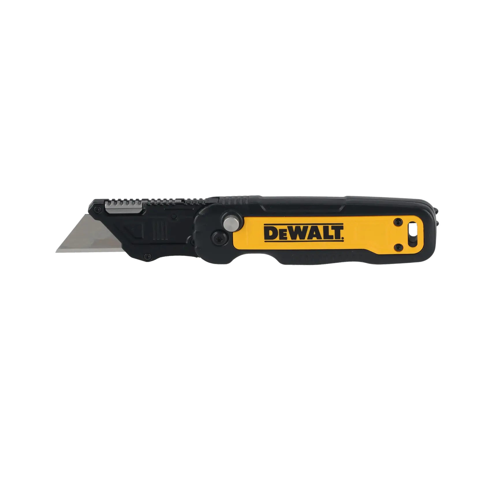 Um estilete dobrável utilitário DEWALT com cabo preto e amarelo e lâmina retrátil, visto de lado em fundo branco.