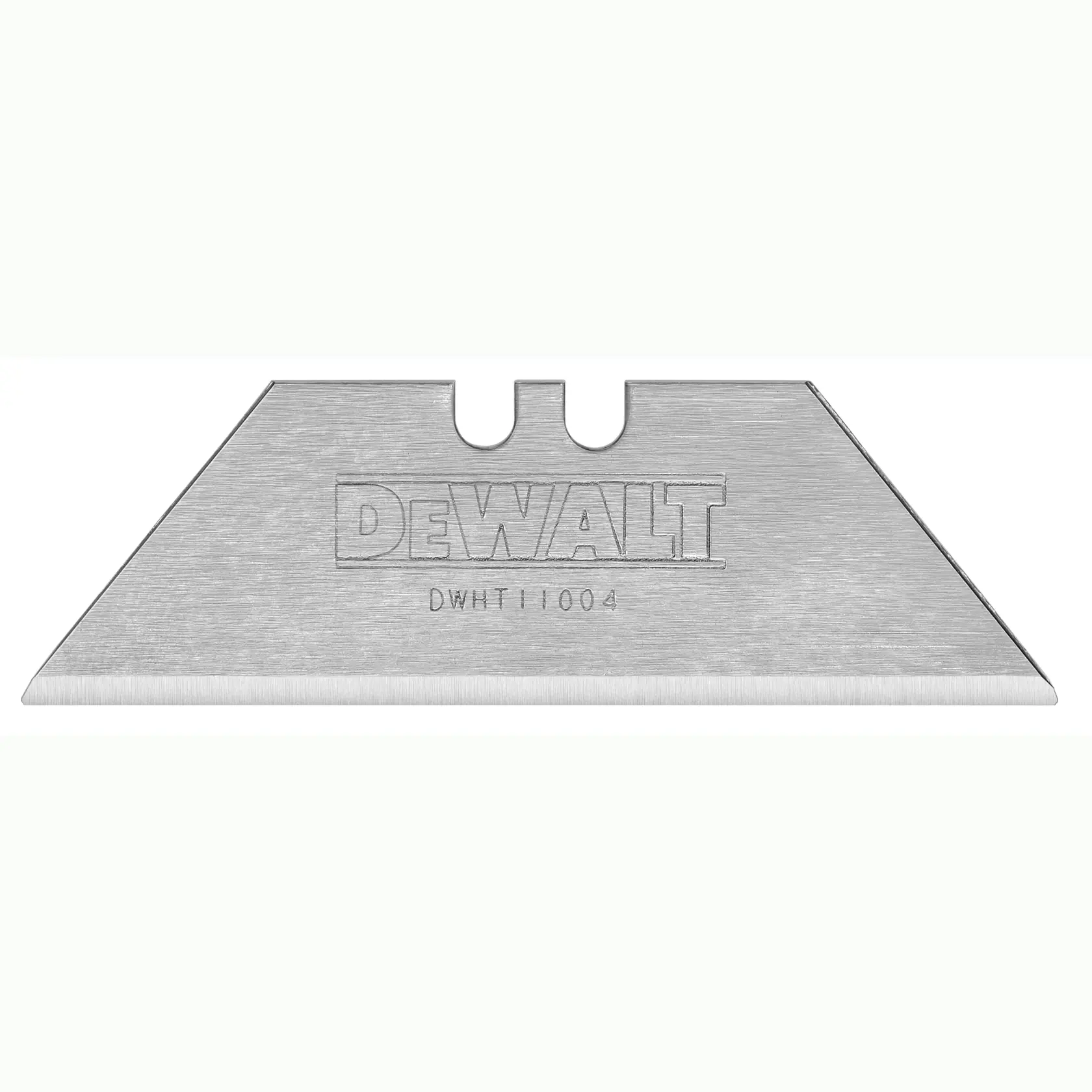 Uma lâmina de estilete DEWALT com o número do modelo DWHT11004 gravado em sua superfície, exibida contra um fundo branco simples.