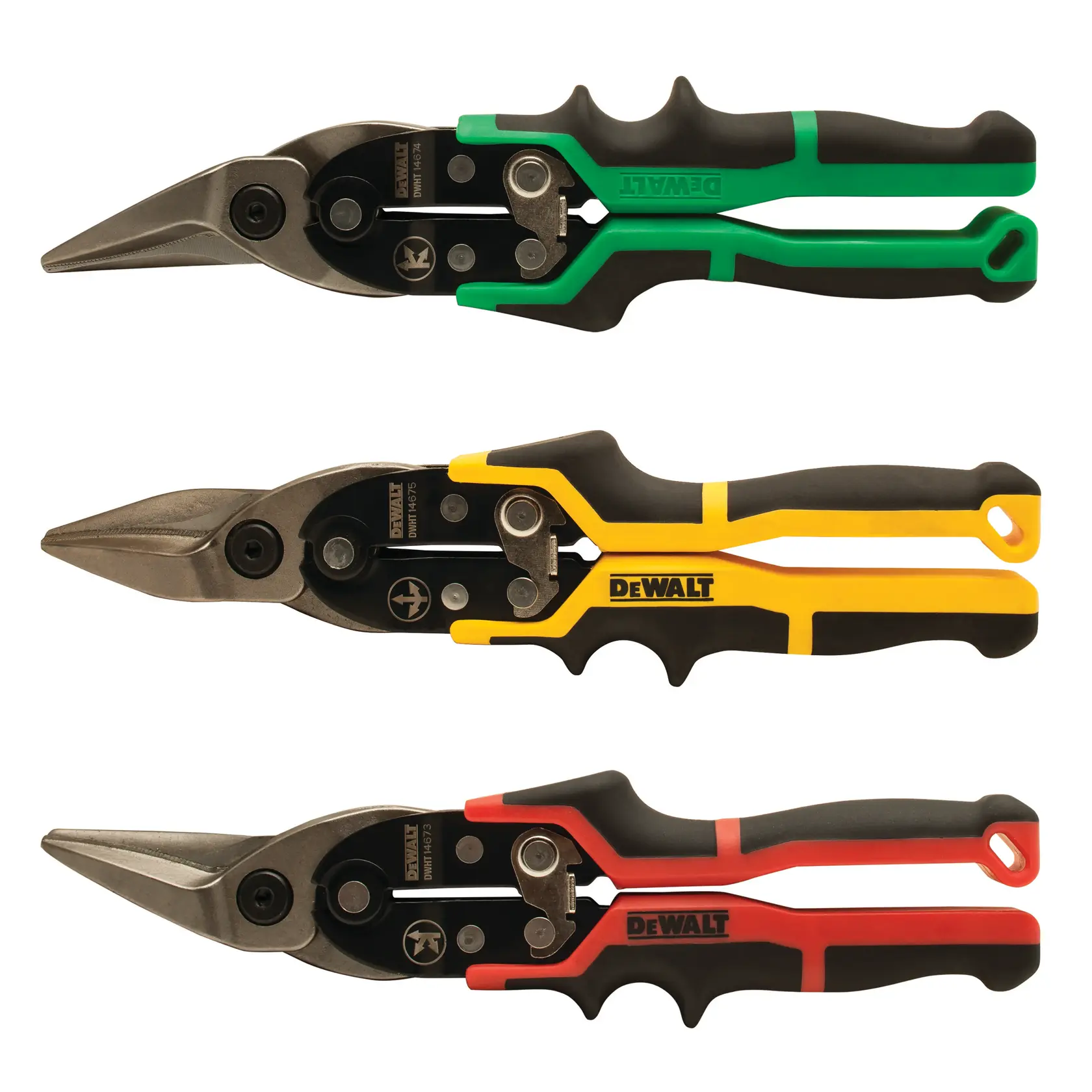 Três tesouras de aviação DEWALT com cabos ergonômicos, vistas pelo lado esquerdo. Os cabos são coloridos de verde, amarelo e vermelho com preto, e cada ferramenta é projetada para diferentes tipos de corte de metal.