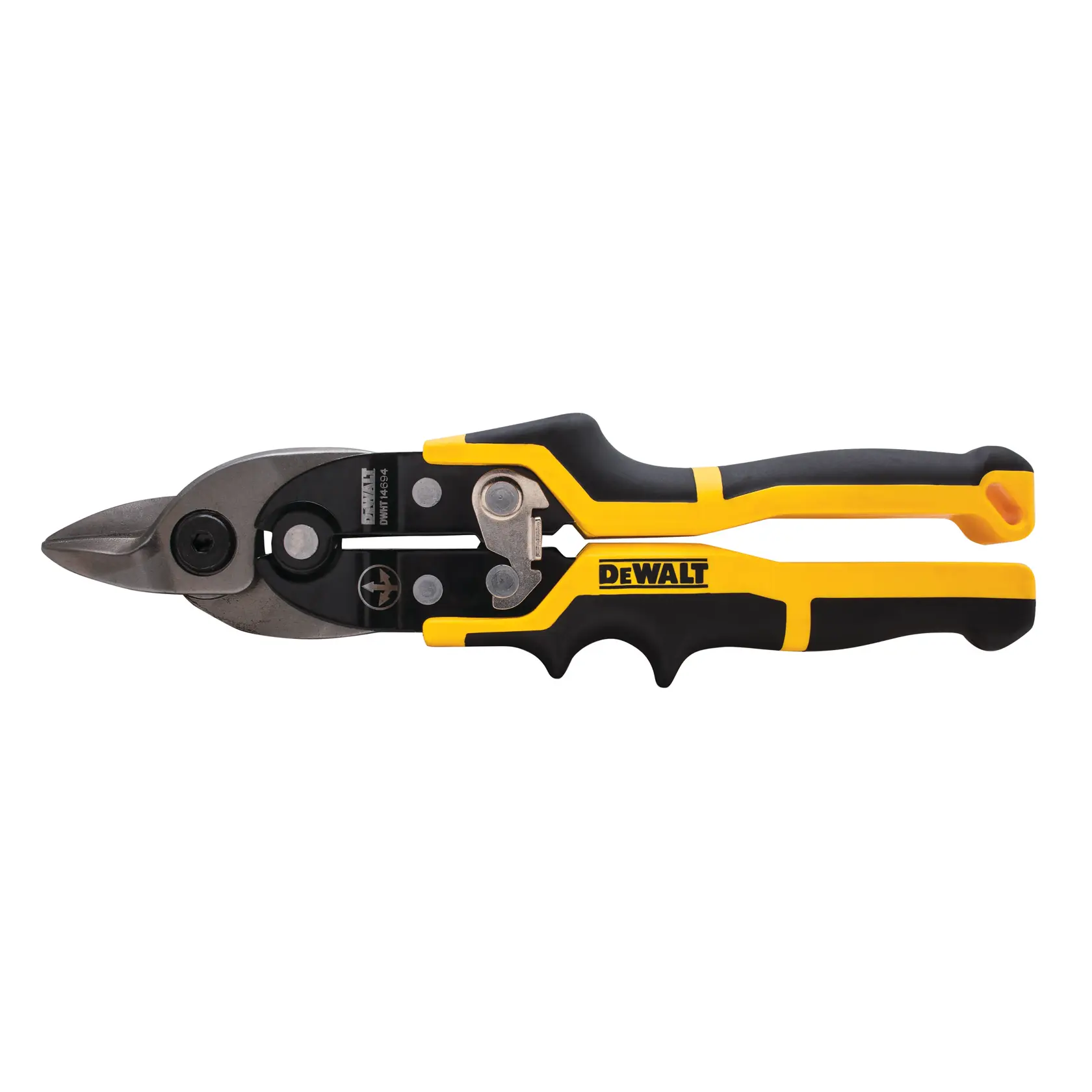 Um par de tesouras de aviação DEWALT com cabos ergonômicos preto e amarelo e lâmina de corte de metal, projetadas para cortar chapas de metal.