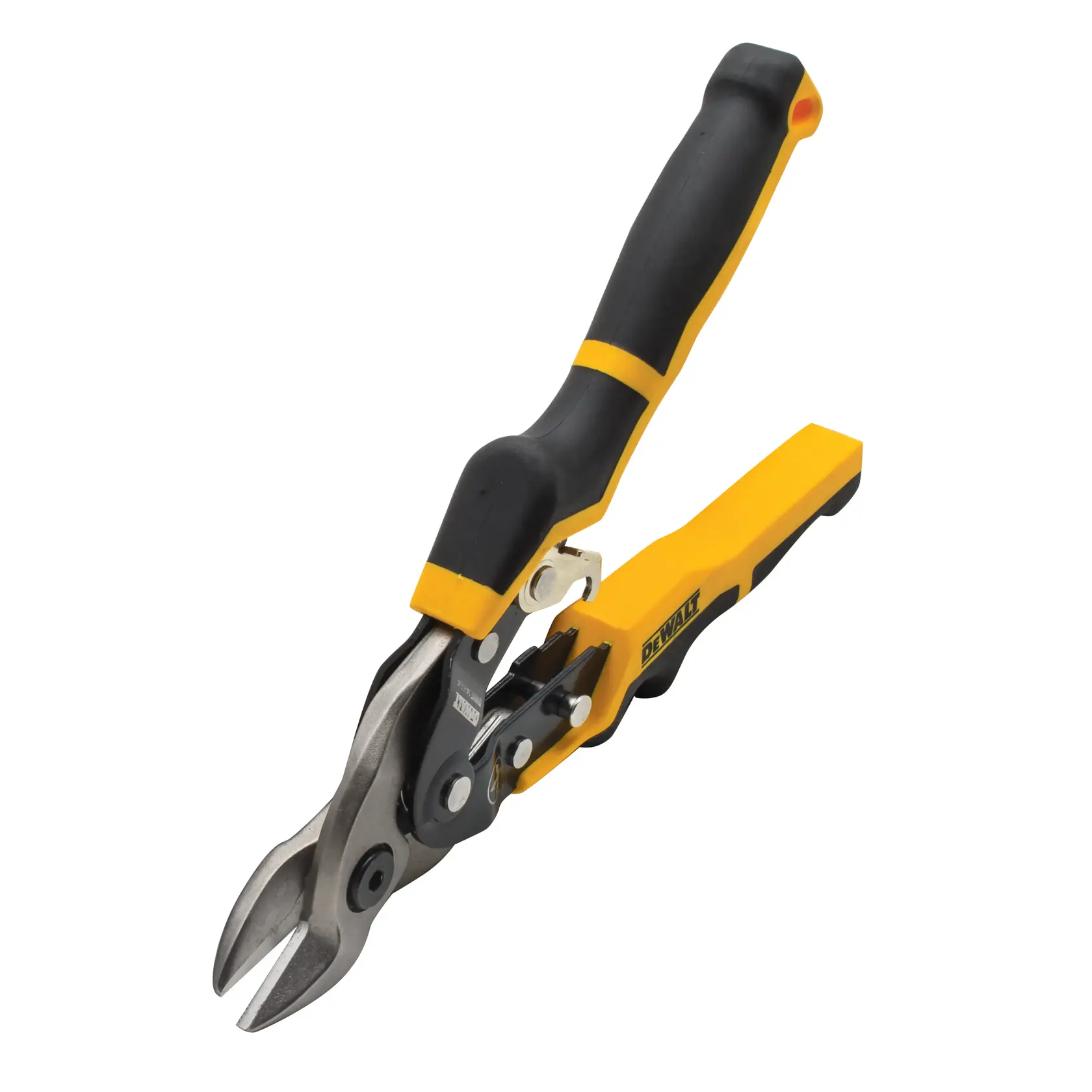 Uma tesoura de aviação DEWALT com cabos ergonômicos amarelos e pretos, projetada para cortar chapas de metal, exibida sobre um fundo branco.