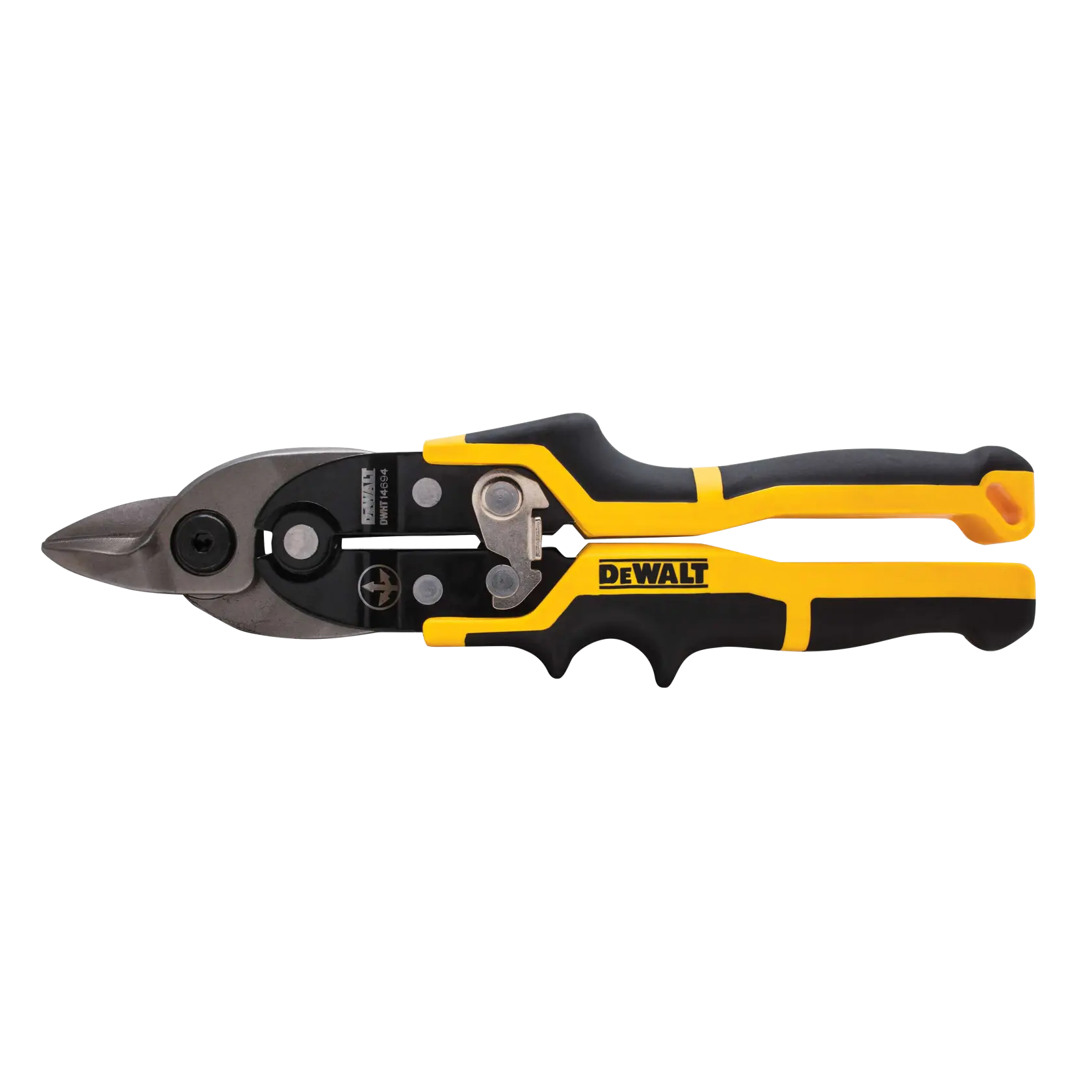 Um par de tesouras de aviação DEWALT com cabos ergonômicos preto e amarelo e lâmina de corte de metal, projetadas para cortar chapas de metal.