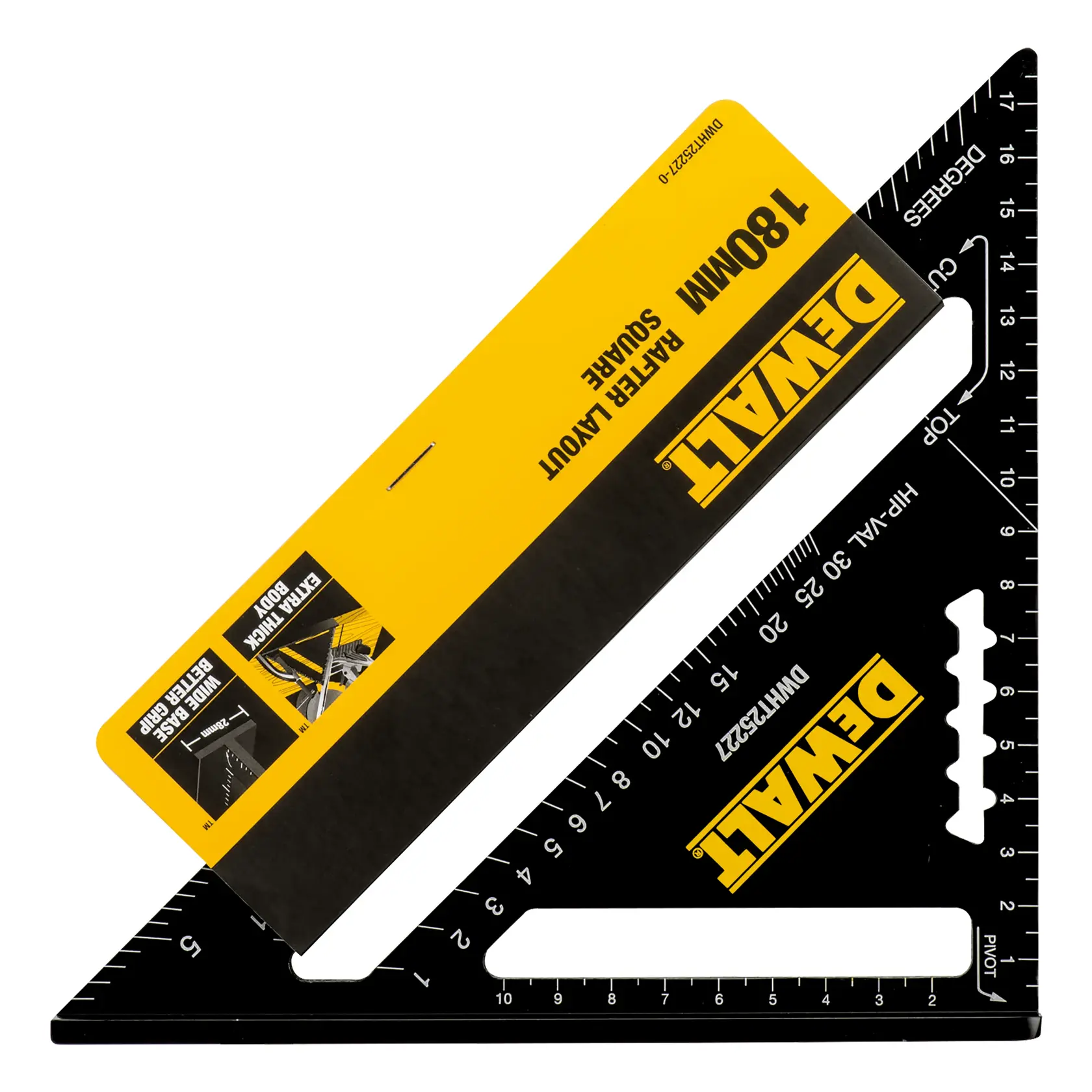 Um esquadro de layout de vigas DEWALT de 180 mm com corpo preto e marca amarela, identificado como DWHT25227-0. A ferramenta possui marcações de medida e indicadores de grau para uso em carpintaria.