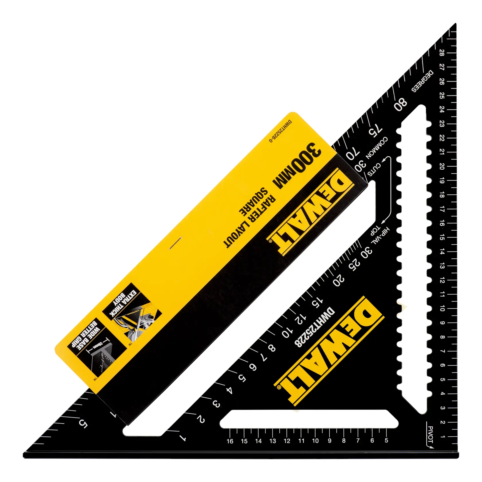 Esquadro para vigas DEWALT de 300 mm, modelo DWHT25228-0, com corpo preto e logotipo amarelo, usado para medir e marcar ângulos na construção e marcenaria.