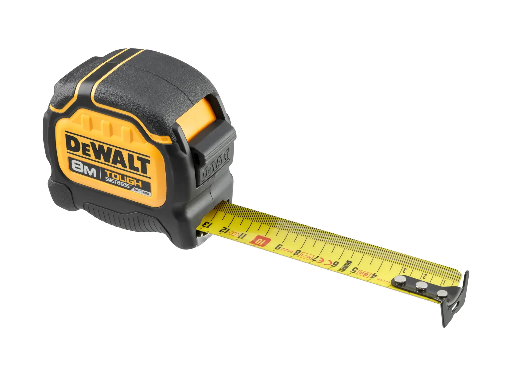 Fita métrica DEWALT Tough Series 8m amarela com estojo preto, parcialmente estendida.