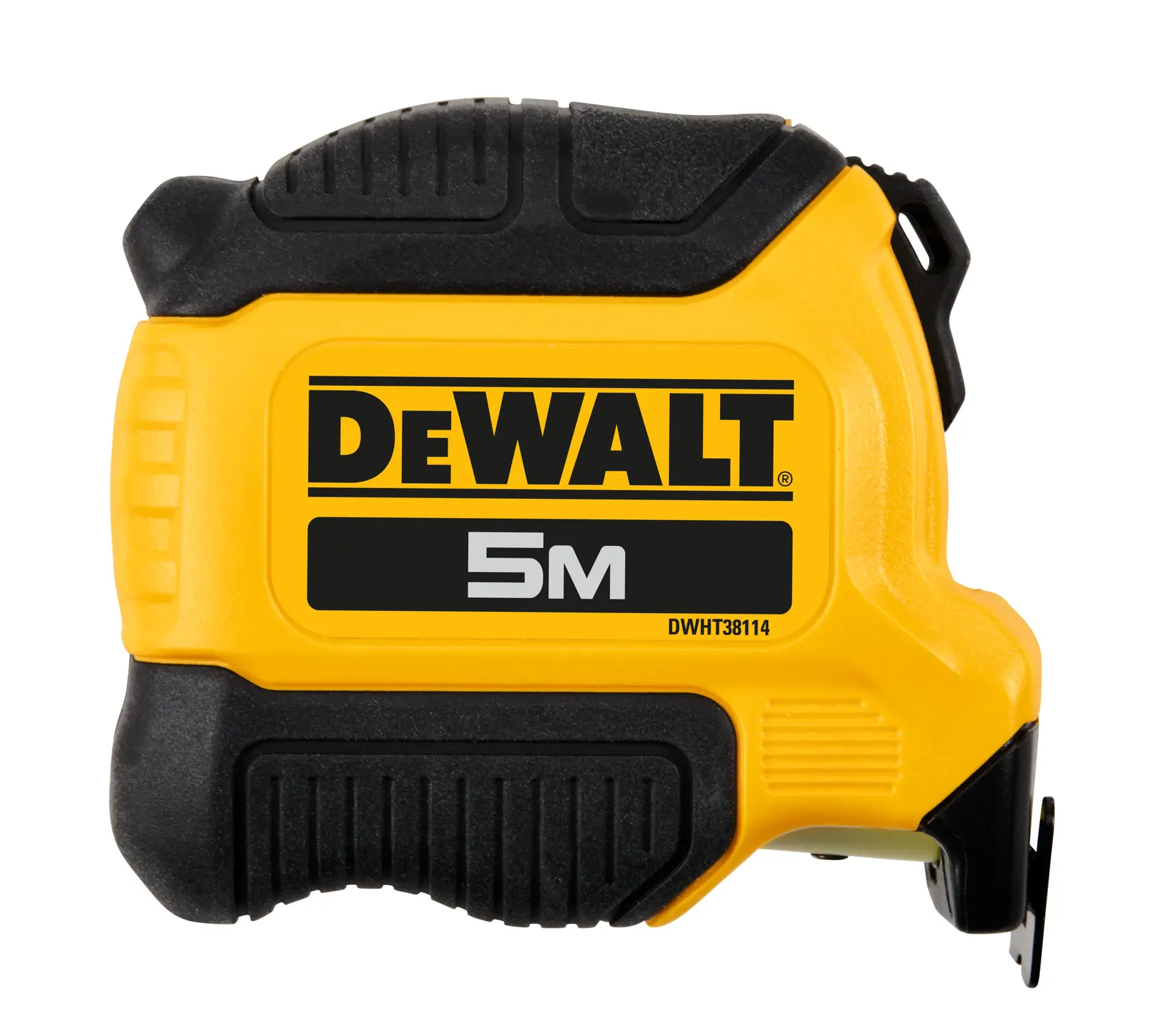 Una cinta métrica DEWALT de 5 metros, SKU DWHT38114-0, con carcasa amarilla y negra.