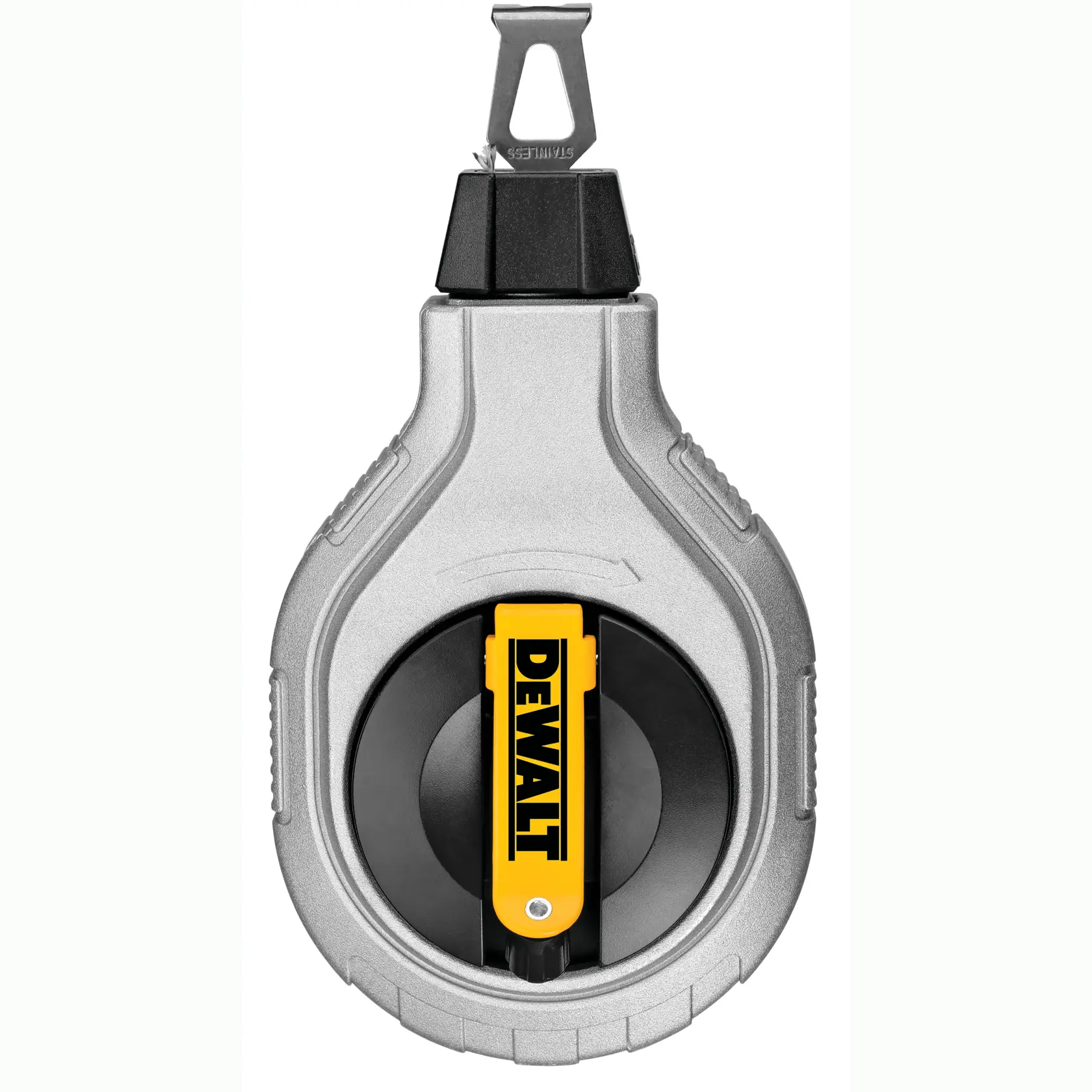 Carretel de linha de giz DEWALT cinza e preto com etiqueta amarela, para marcar linhas retas.