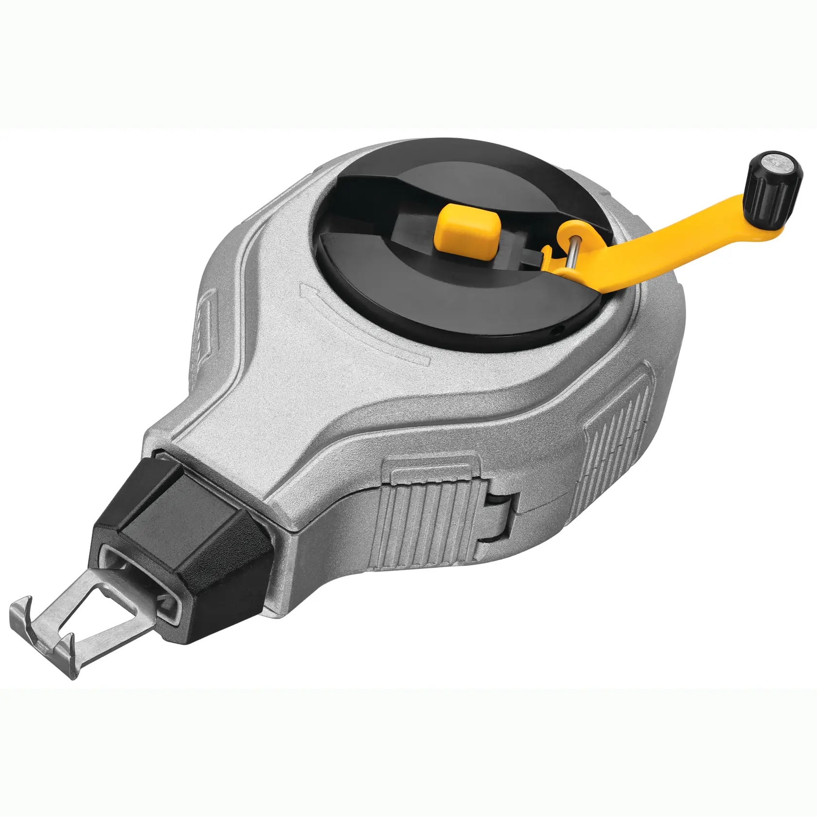 Rolo de linha de giz DEWALT com manivela amarela, corpo prateado, para marcar linhas retas.
