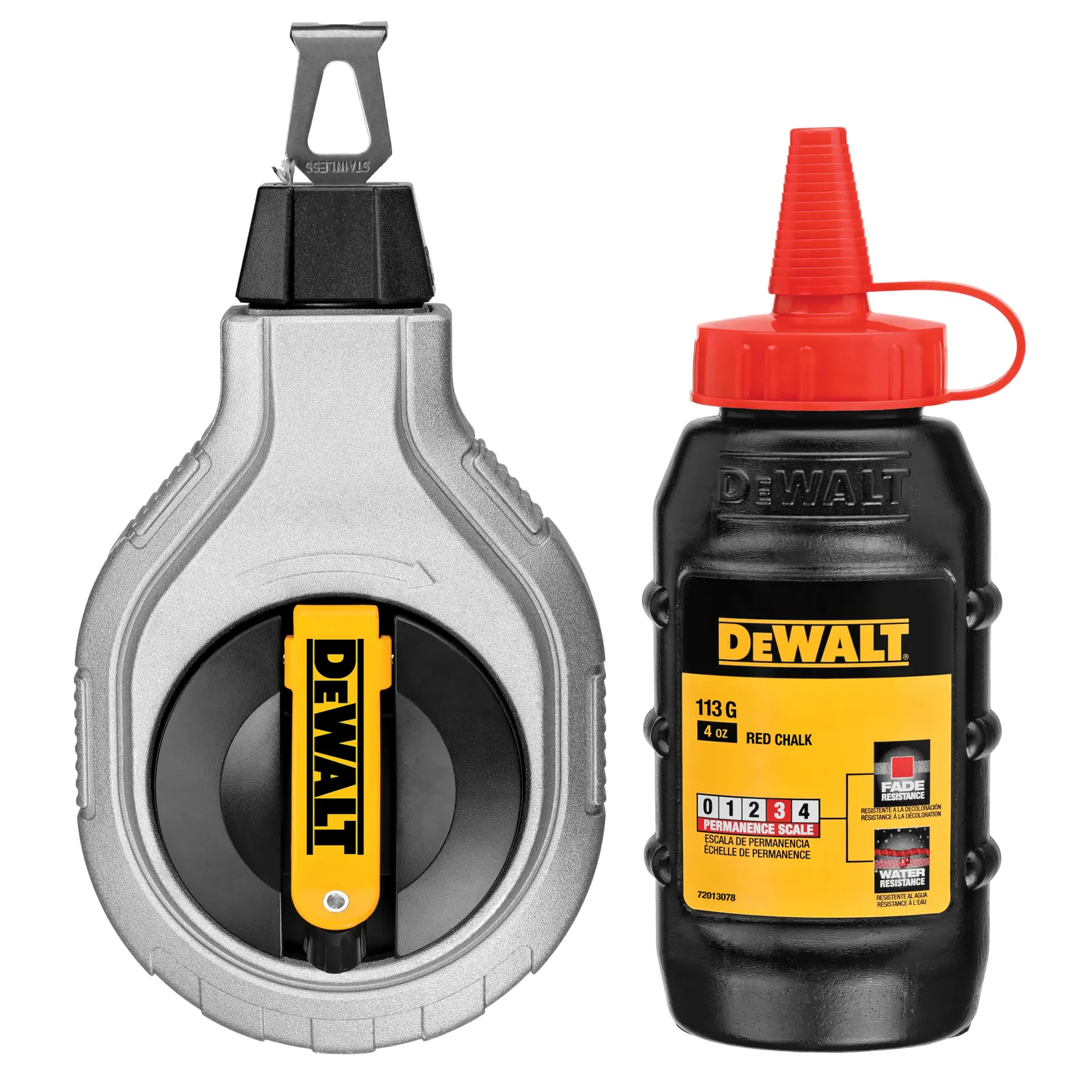 Kit DEWALT: rolo de linha com frasco de pó vermelho para marcar linhas em superfícies.