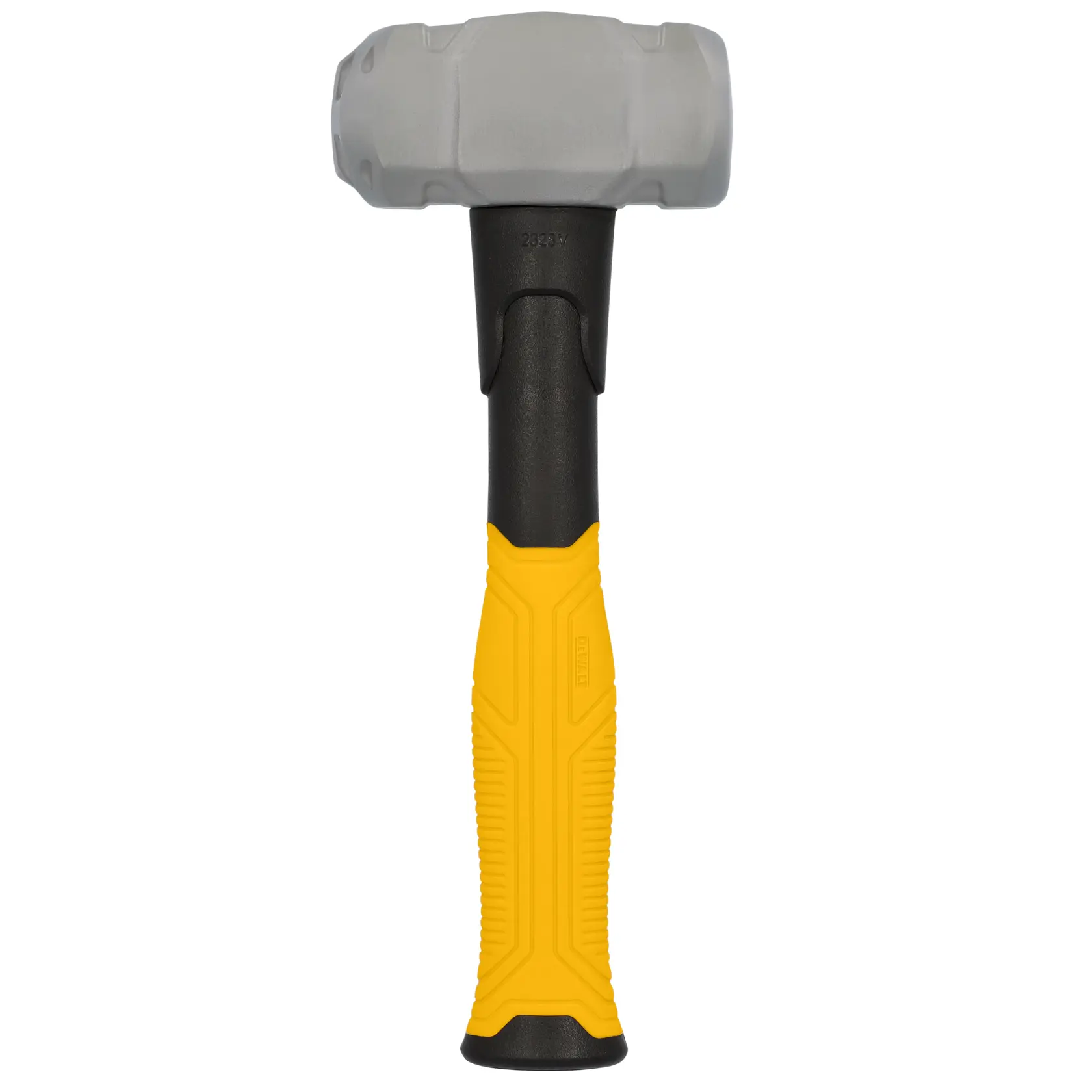 Maza DEWALT con cabeza gris y mango ergonómico amarillo-negro, mostrada sobre fondo blanco.