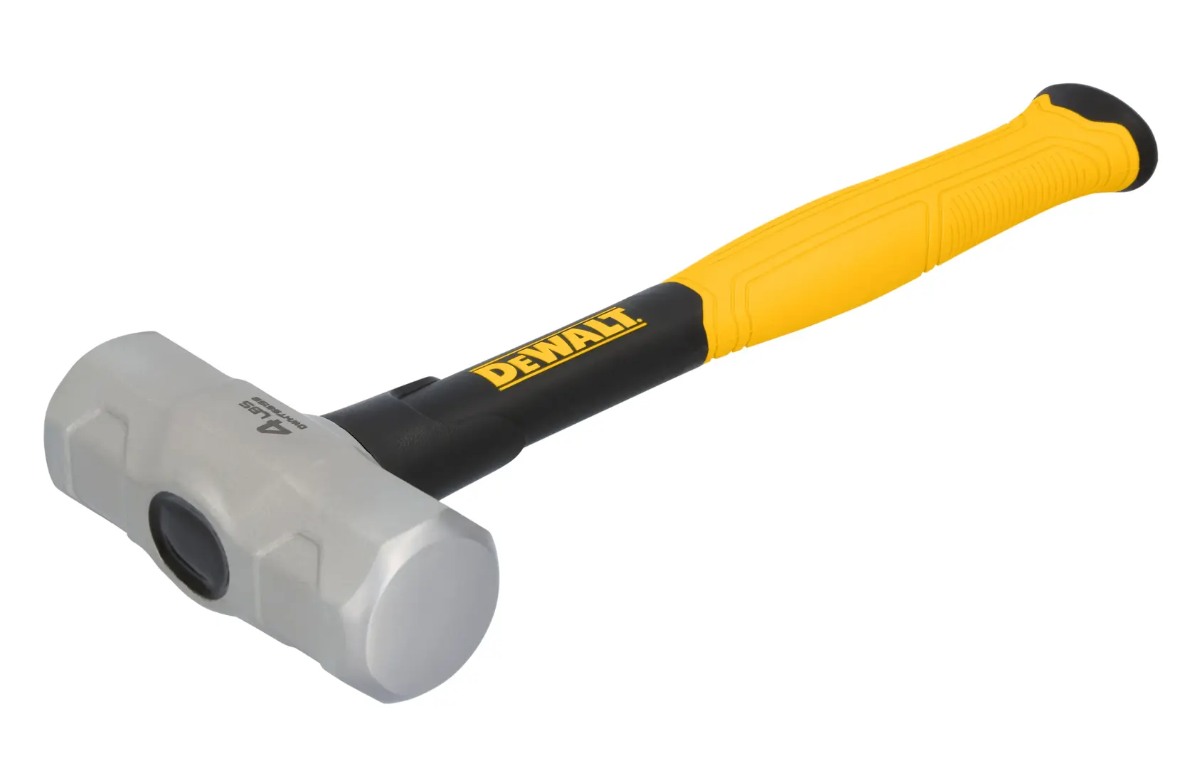 Maza DEWALT con mango amarillo y cabeza plateada, colocada en diagonal sobre fondo blanco.