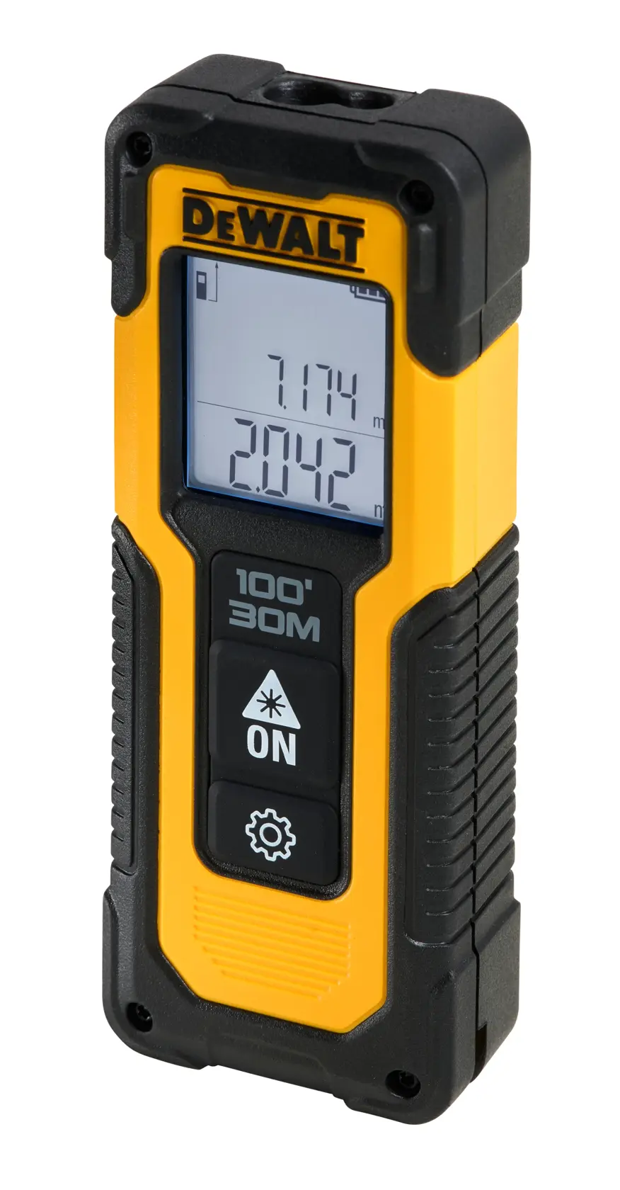 Um medidor de distância a laser da marca DEWALT com visor digital exibindo medições, corpo robusto amarelo e preto, e botões de controle na parte frontal.