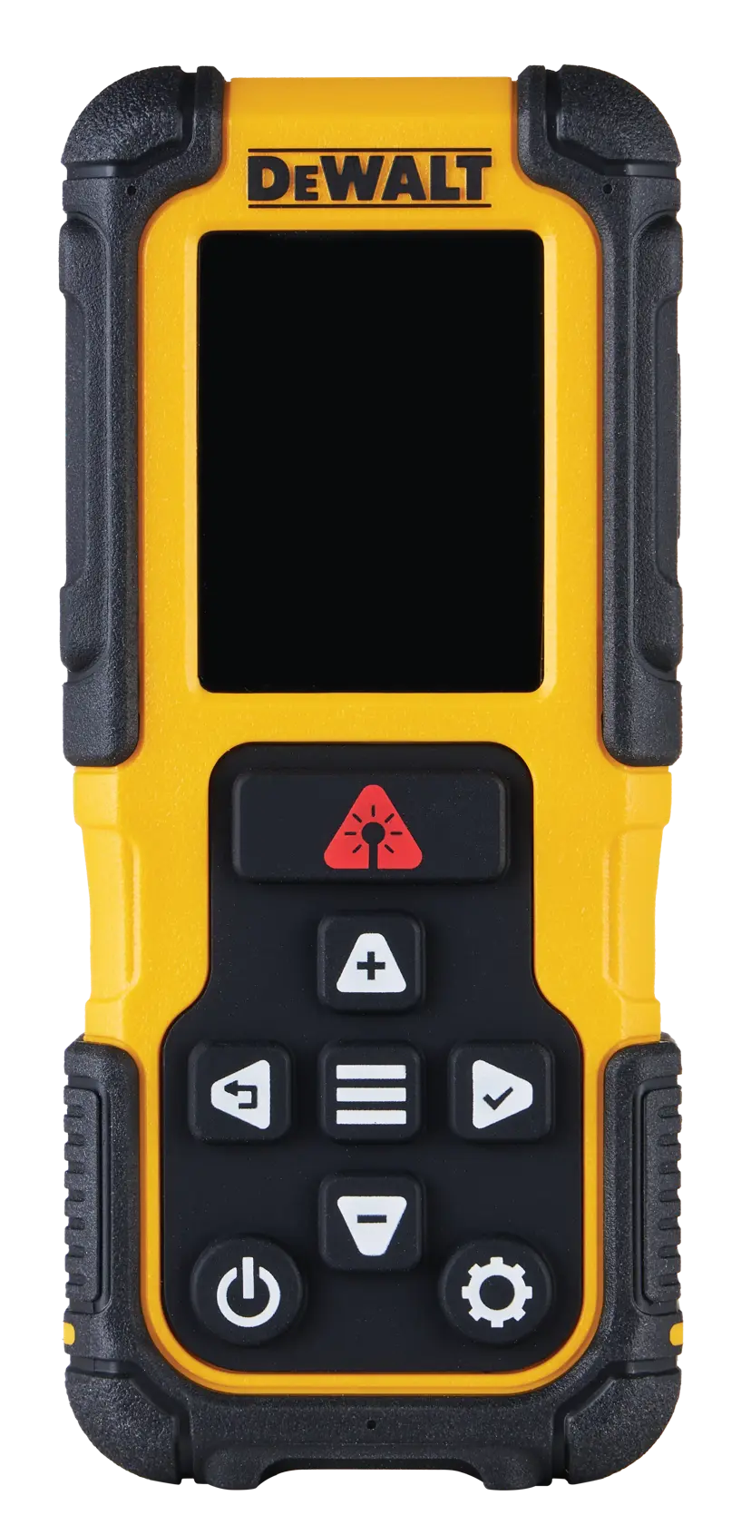 Um medidor de distância a laser portátil DEWALT com exterior robusto amarelo e preto, com uma tela e vários botões de controle abaixo.
