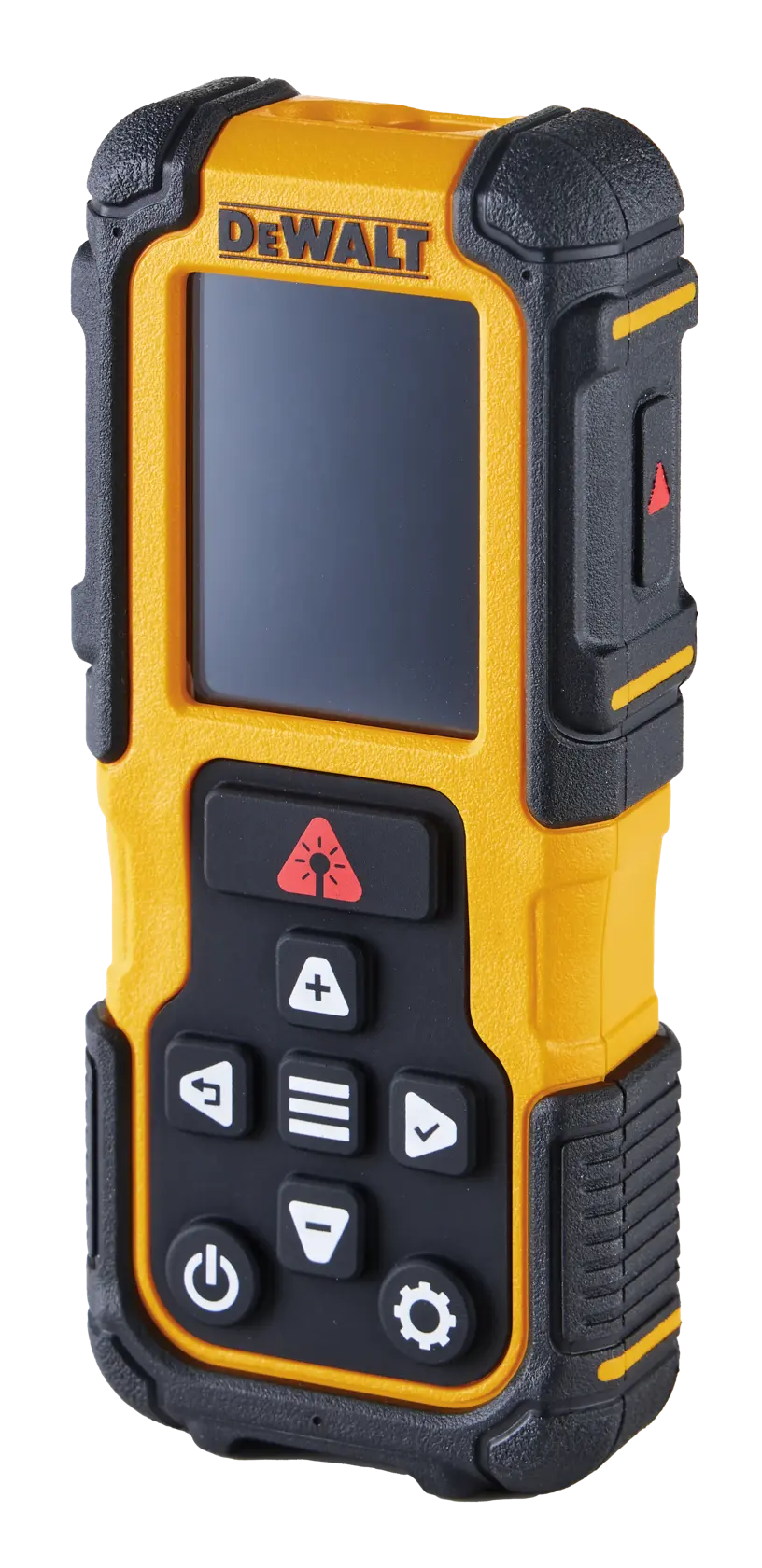 Dispositivo eletrônico portátil amarelo e preto da DEWALT com uma tela de exibição e vários botões. O aparelho é robusto e parece projetado para uso profissional, provavelmente um medidor de distância a laser ou ferramenta de medição digital.