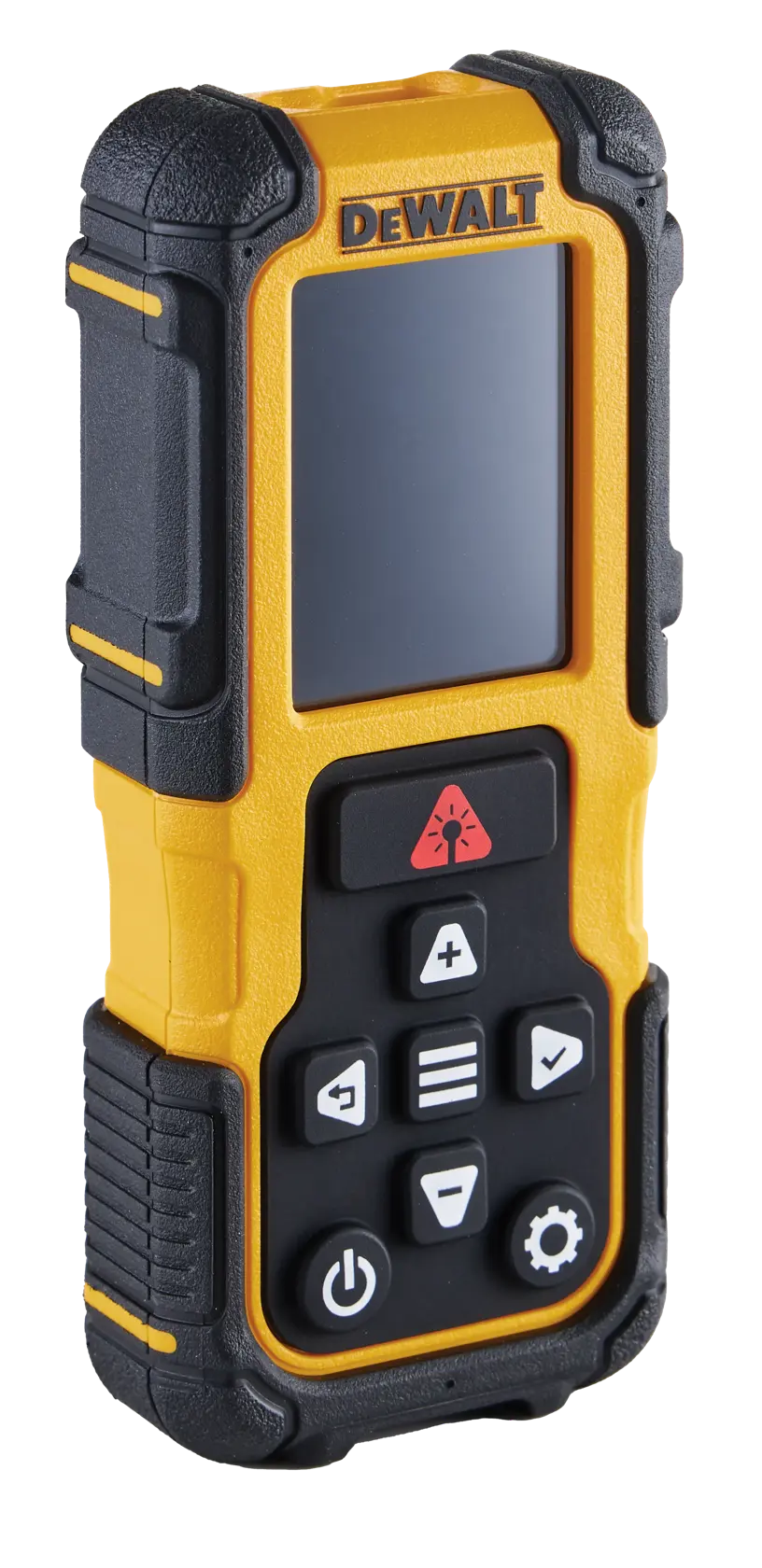 Dispositivo eletrônico portátil DEWALT com uma carcaça robusta preta e amarela, tela e vários botões, incluindo símbolos de energia e função.