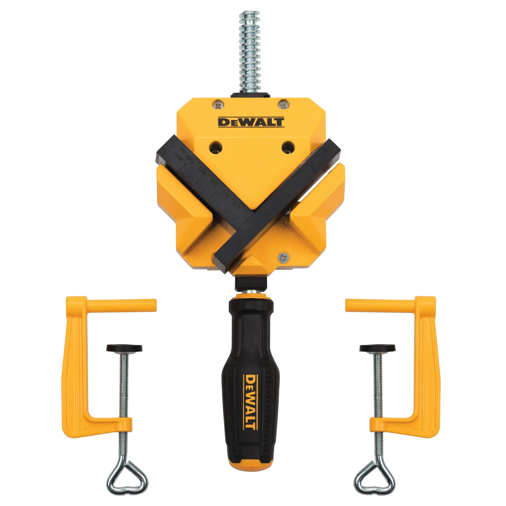 Uma ferramenta de grampo de ângulo DEWALT com cabo preto e amarelo, exibida junto com dois grampos amarelos acompanhantes. A ferramenta é projetada para segurar materiais em ângulos precisos durante montagem ou trabalhos em madeira.