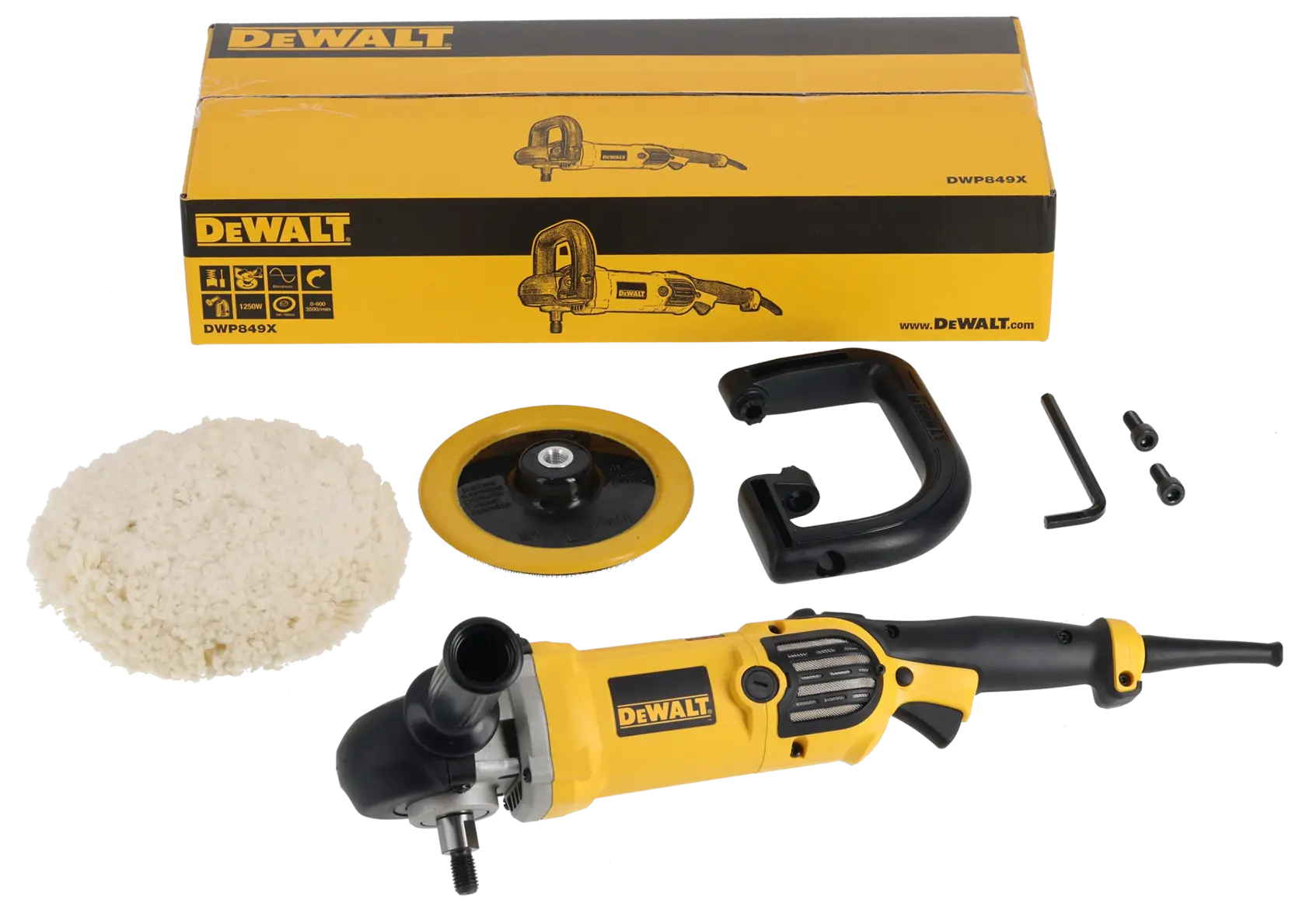 Um kit de polimento Dewalt incluindo uma ferramenta elétrica de polimento amarela e preta, uma almofada de lã para polir, um disco de polimento, uma alça preta, uma chave Allen, dois parafusos e uma embalagem de caixa amarela com a marca Dewalt.