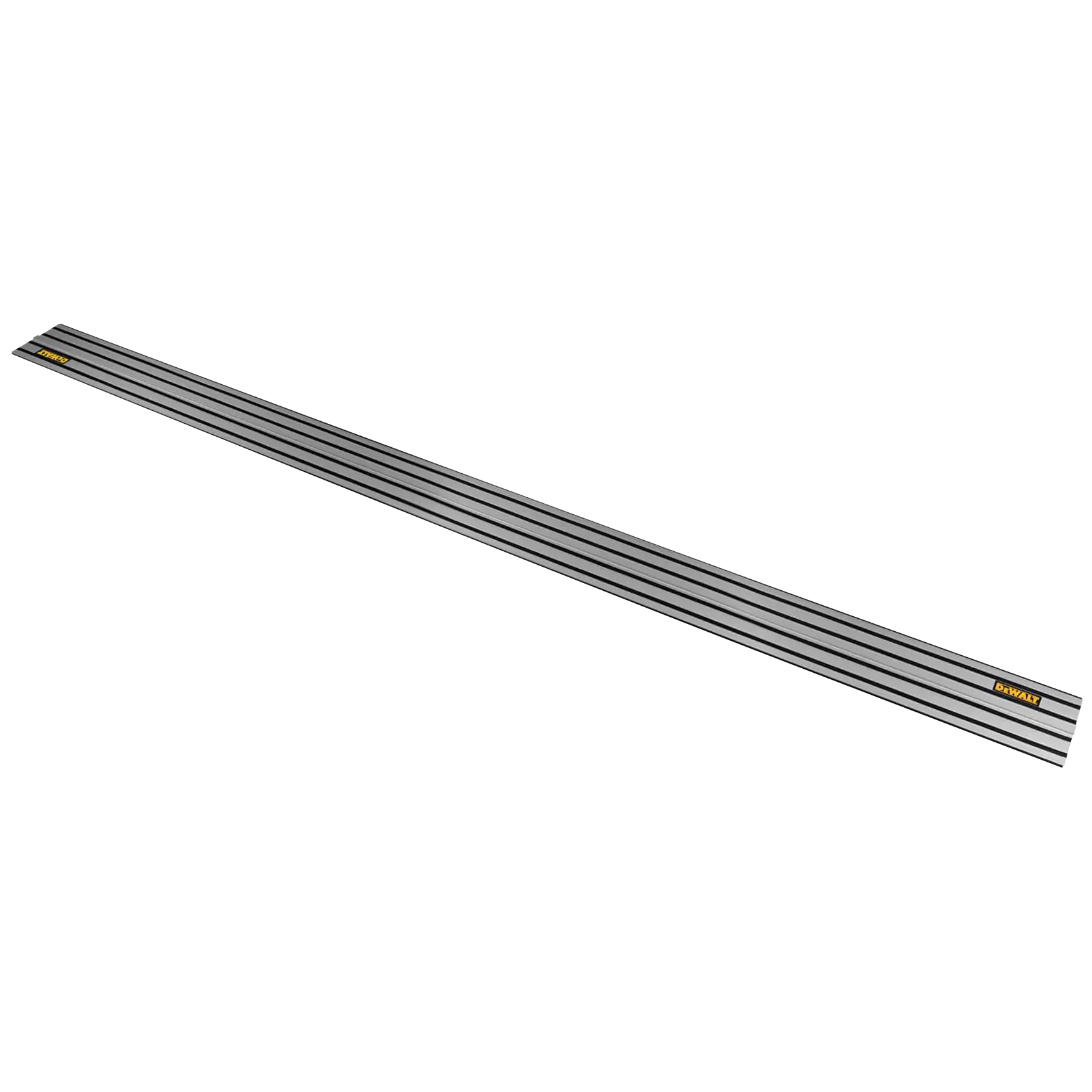 Um trilho guia de metal da DEWALT para carpintaria ou serras, com ranhuras longas e retas e um logotipo na extremidade, fotografado sobre um fundo branco.
