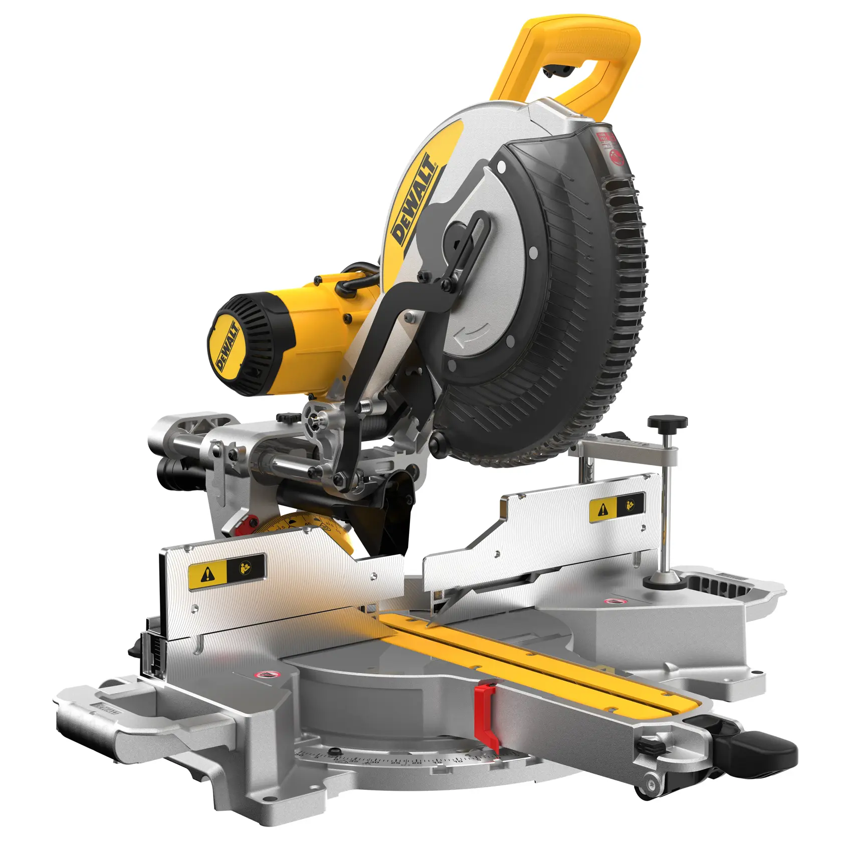 Uma serra de esquadria deslizante DEWALT DWS780 com corpo amarelo e prateado, lâmina circular grande, guia a laser e cerca ajustável para cortes de madeira precisos.