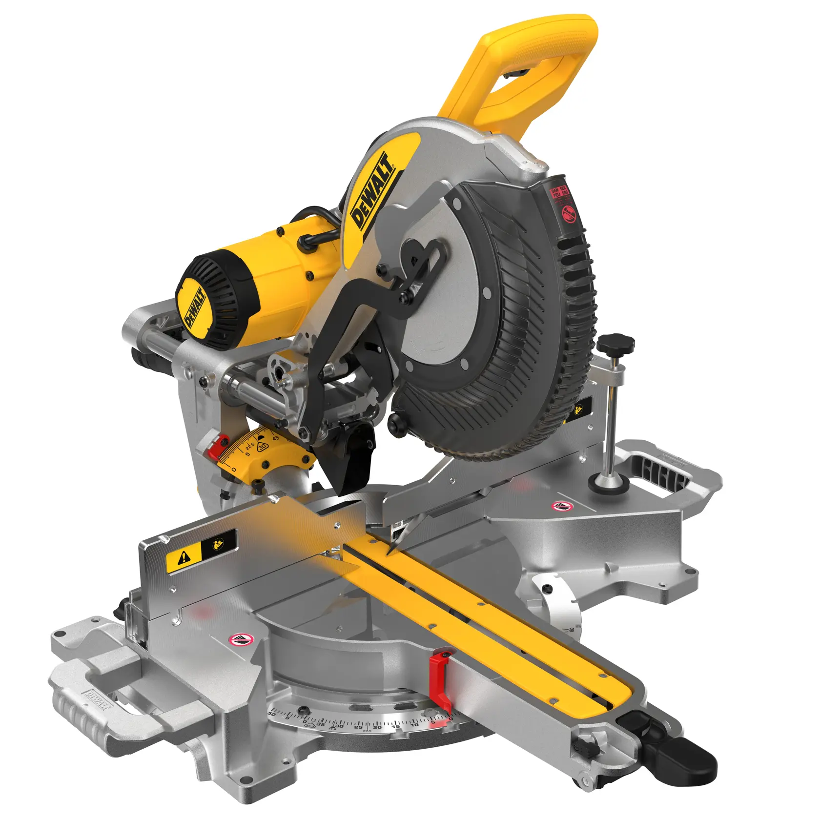 Um trabalhador da construção civil usando colete de segurança e capacete opera uma serra de esquadria DEWALT DWS780 em um canteiro de obras. O rosto do trabalhador está desfocado para privacidade.