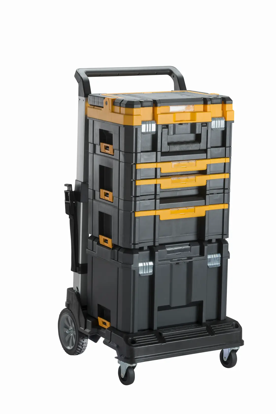 Carrinho de armazenamento de ferramentas DEWALT preto e amarelo empilhável com vários compartimentos e gavetas, montado em rodas e equipado com uma alça para transporte fácil.