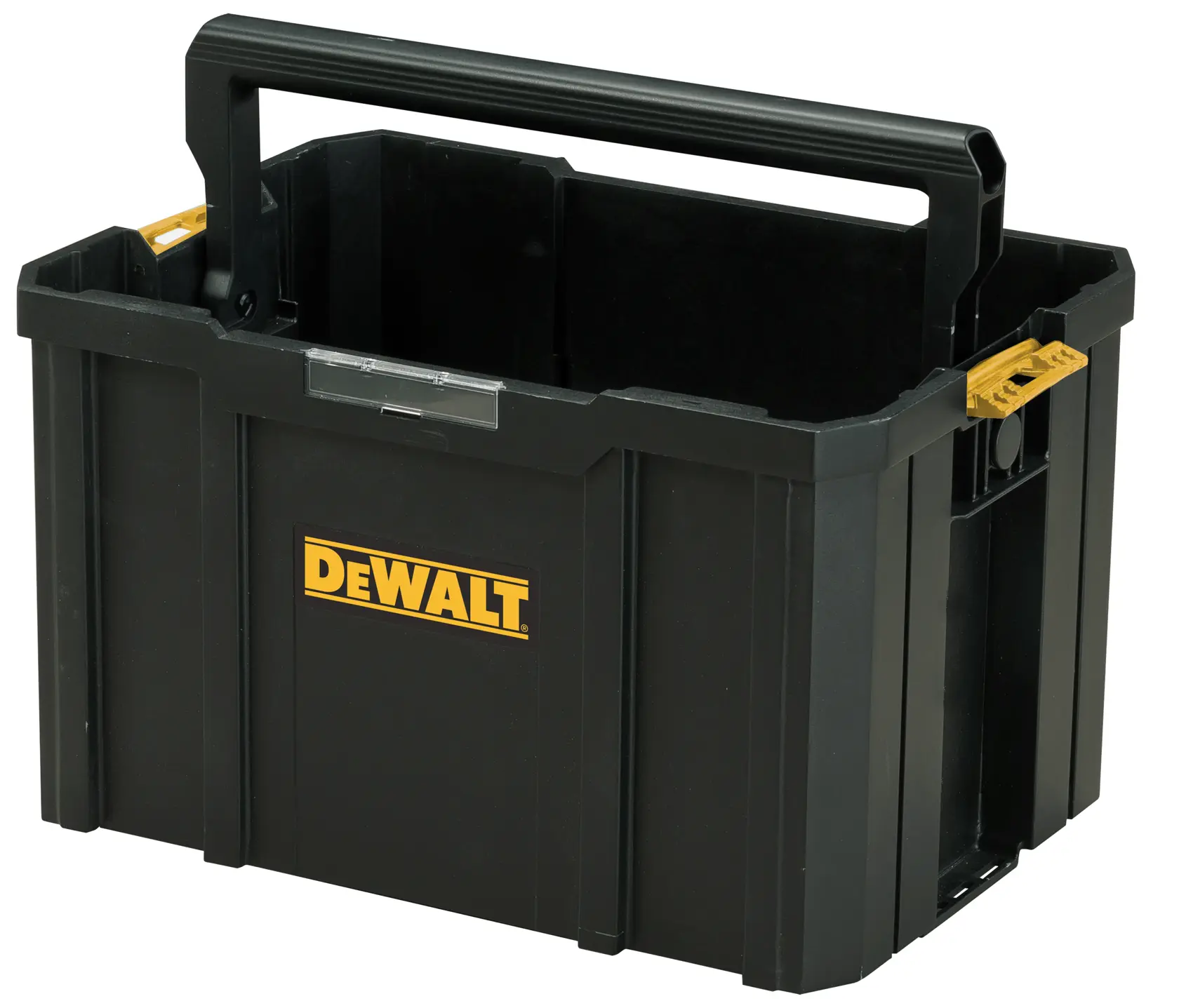 Uma caixa de ferramentas preta da marca DEWALT com alça resistente e design aberto, adequada para transportar ferramentas e acessórios.