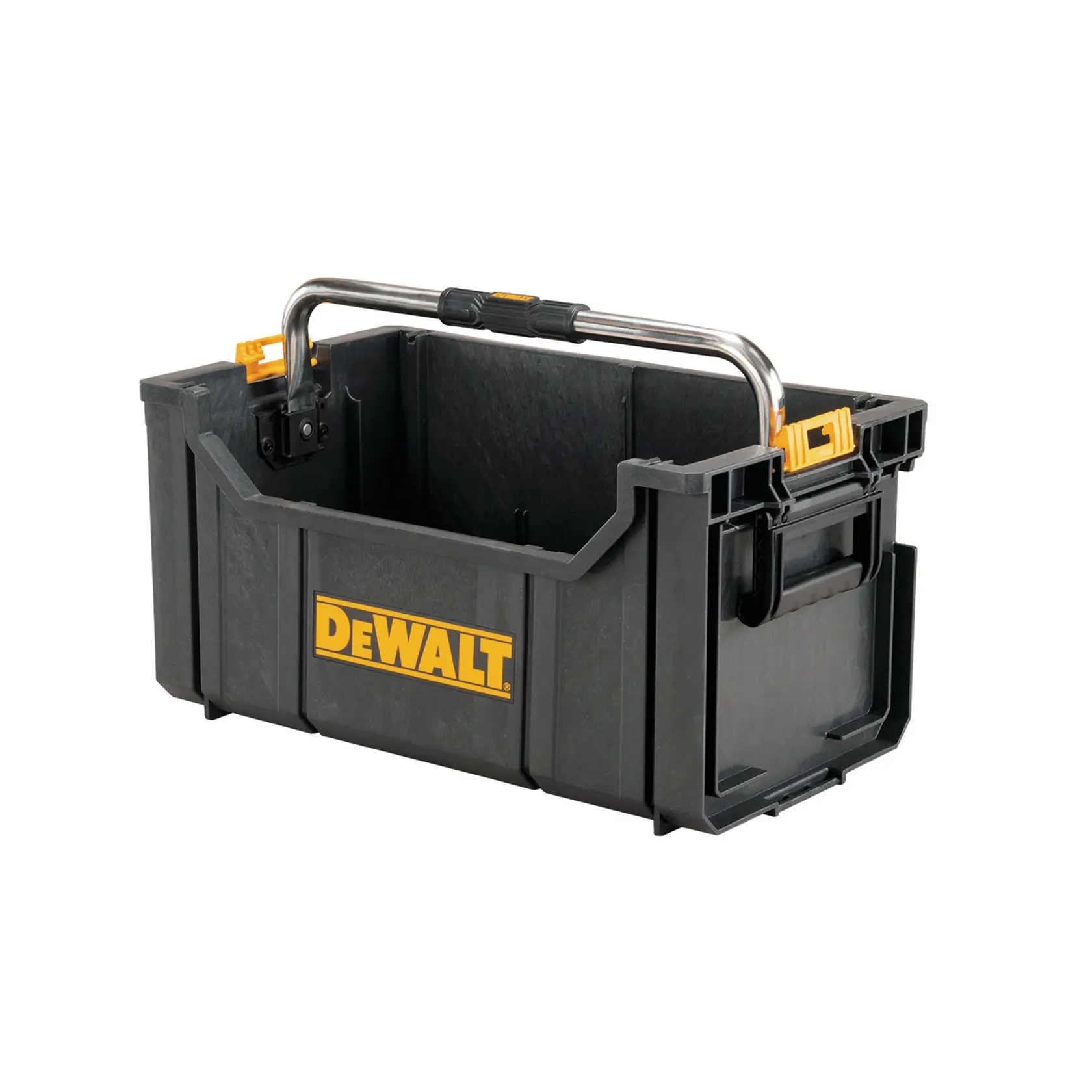 Caixa de ferramentas aberta DEWALT preta com logo amarelo e alça metálica.