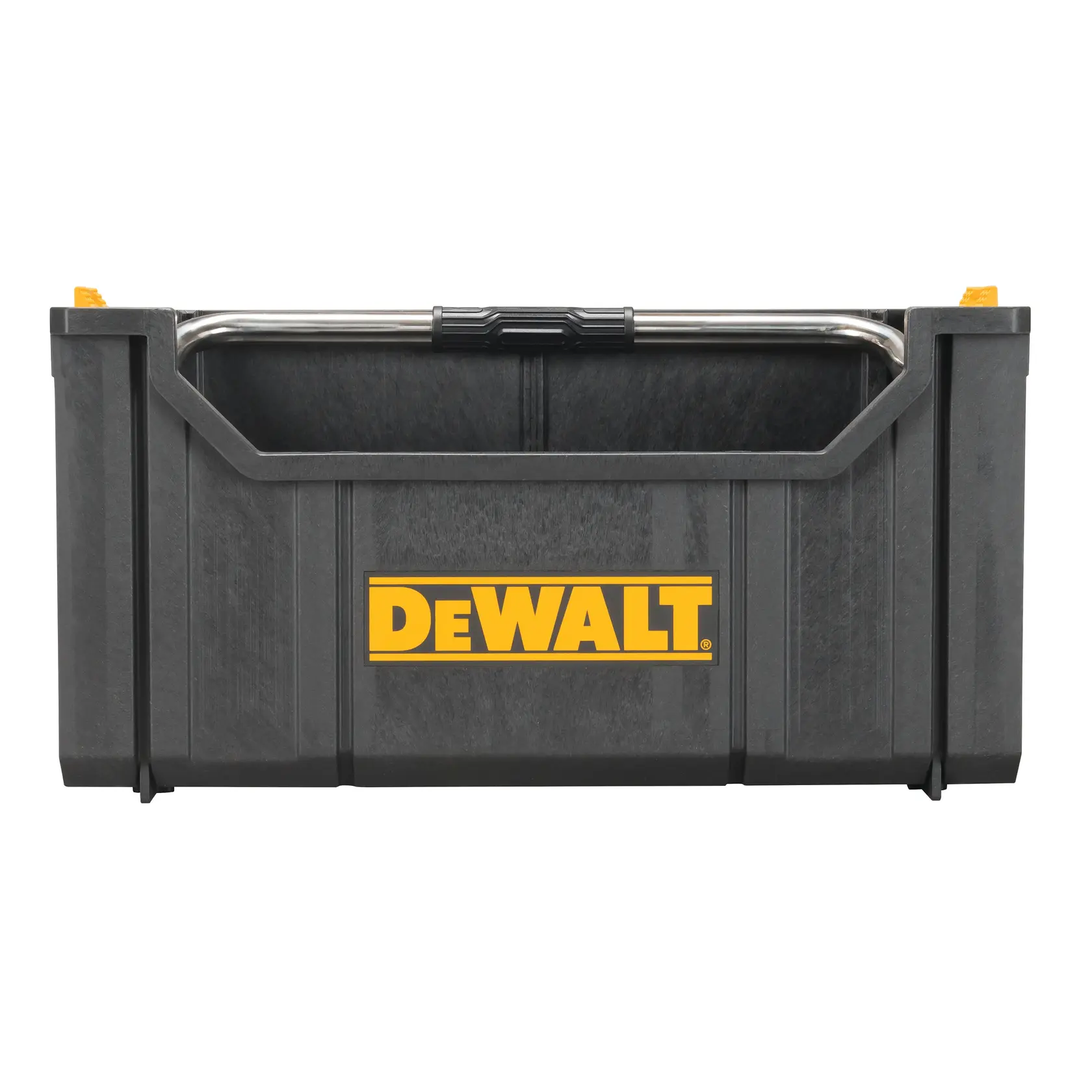 Caixa de ferramentas DEWALT preta empilhável com logotipo amarelo e alça metálica para armazenamento.