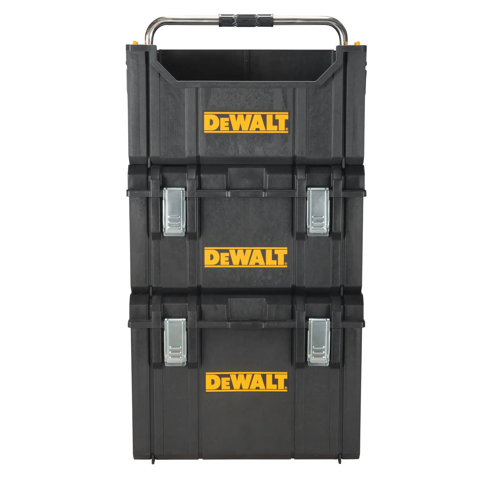 Caixas de ferramentas DEWALT pretas empilhadas com logo amarelo e alça de metal no topo.