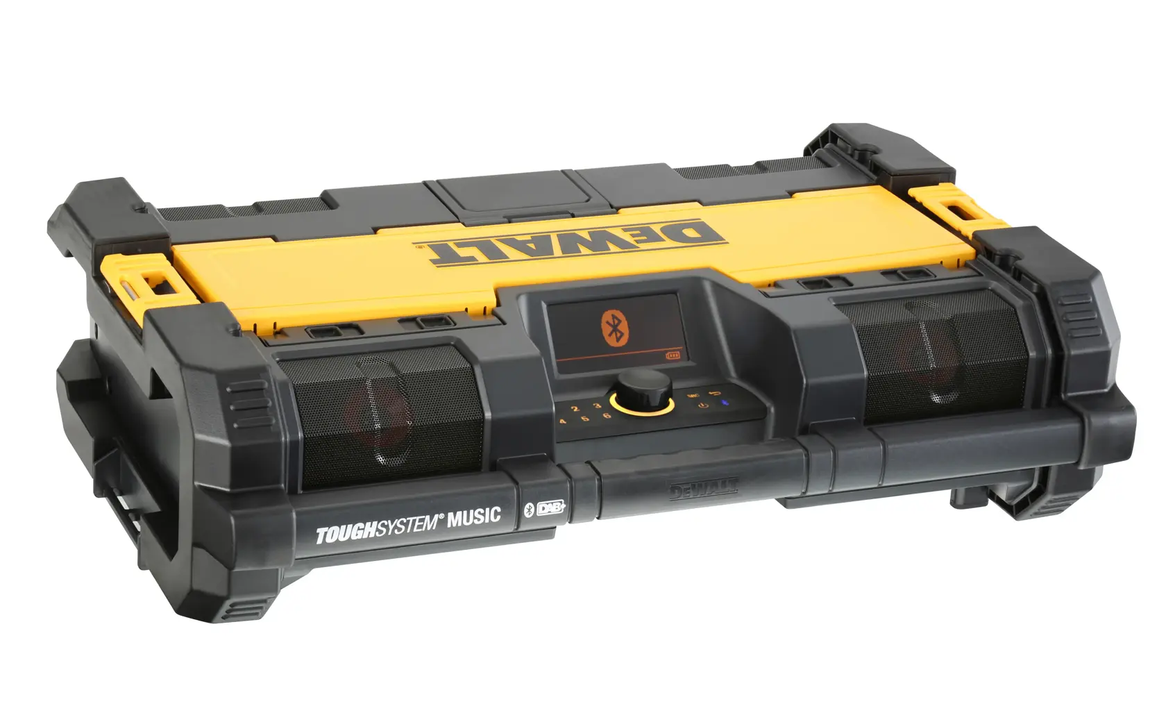 Rádio e carregador portátil DEWALT preto e amarelo com alça e painel de controle na parte superior.