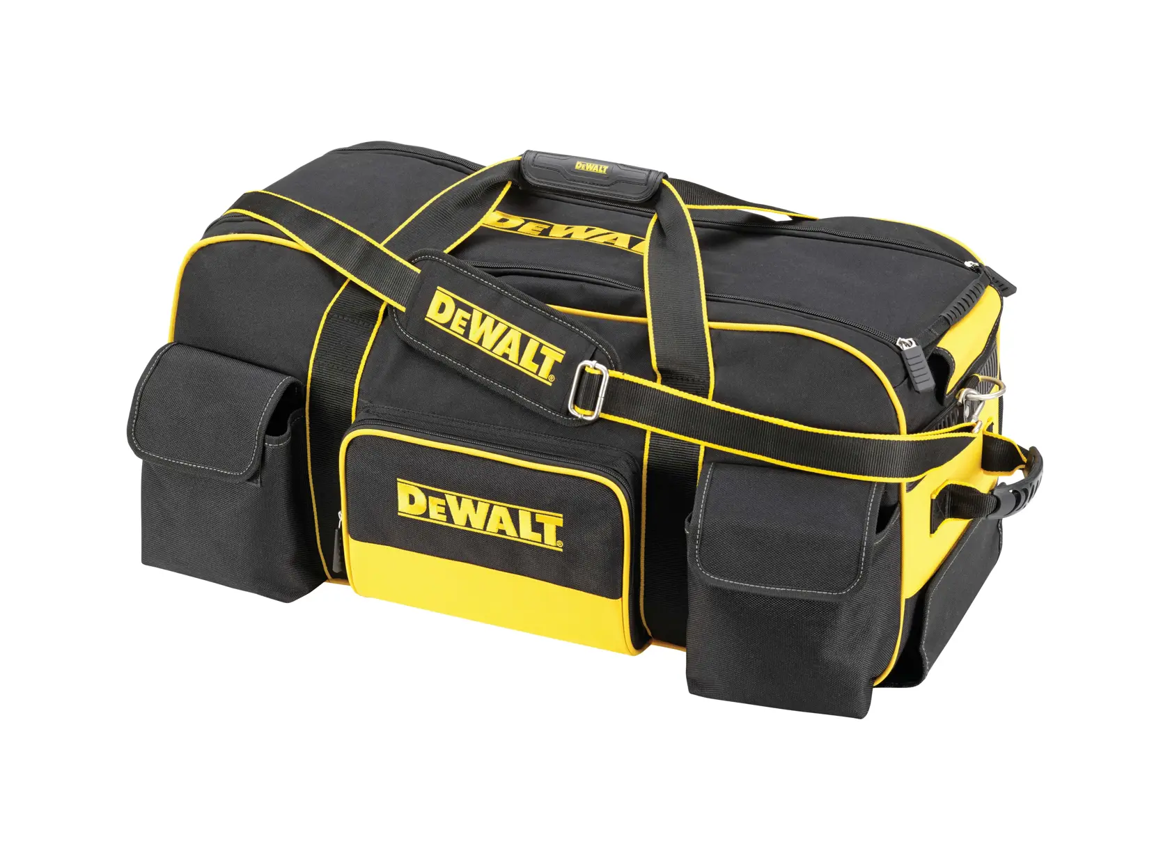 Uma bolsa de ferramentas da DEWALT preta e amarela com vários compartimentos, alças e uma alça de ombro.