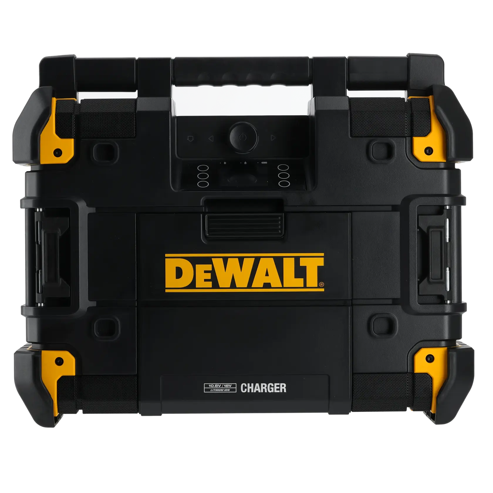 Caja de herramientas portátil DEWALT negra con detalles amarillos y cargador integrado, con asa superior robusta.