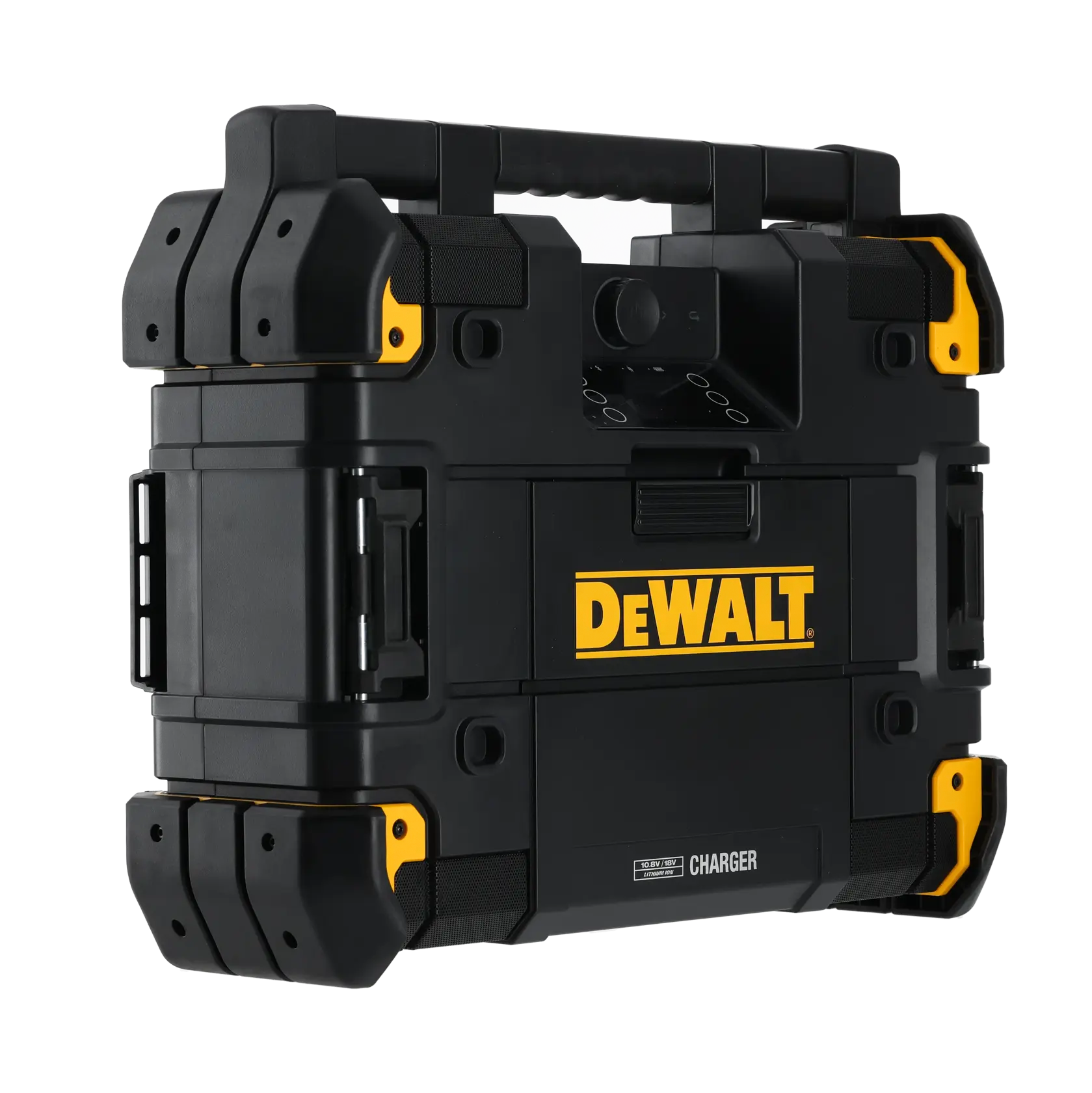 DEWALT DWST1-81078 caja de herramientas portátil negra y amarilla con asa y función de cargador.