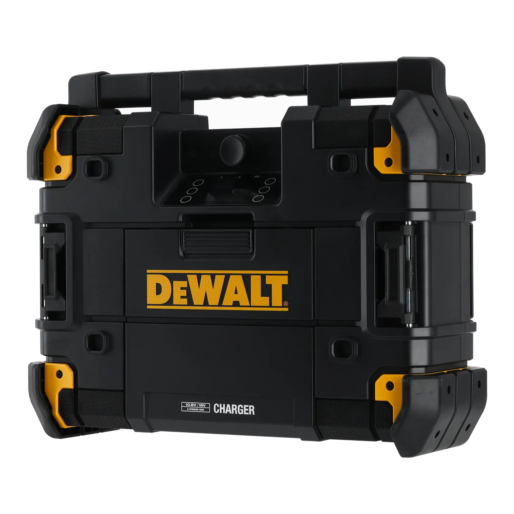 Caja de herramientas DEWALT negra con detalles amarillos y asa, etiquetada como cargador.