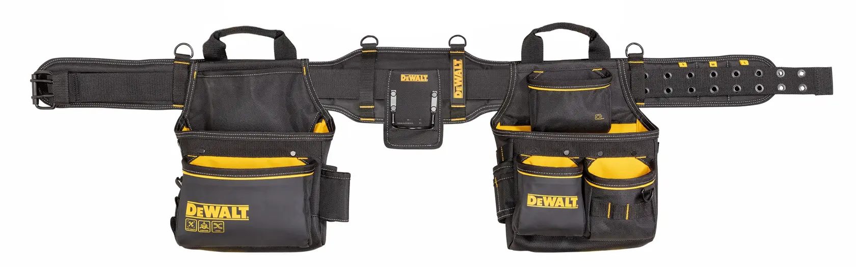Cinturón de herramientas DEWALT negro y amarillo con bolsillos para herramientas y accesorios.