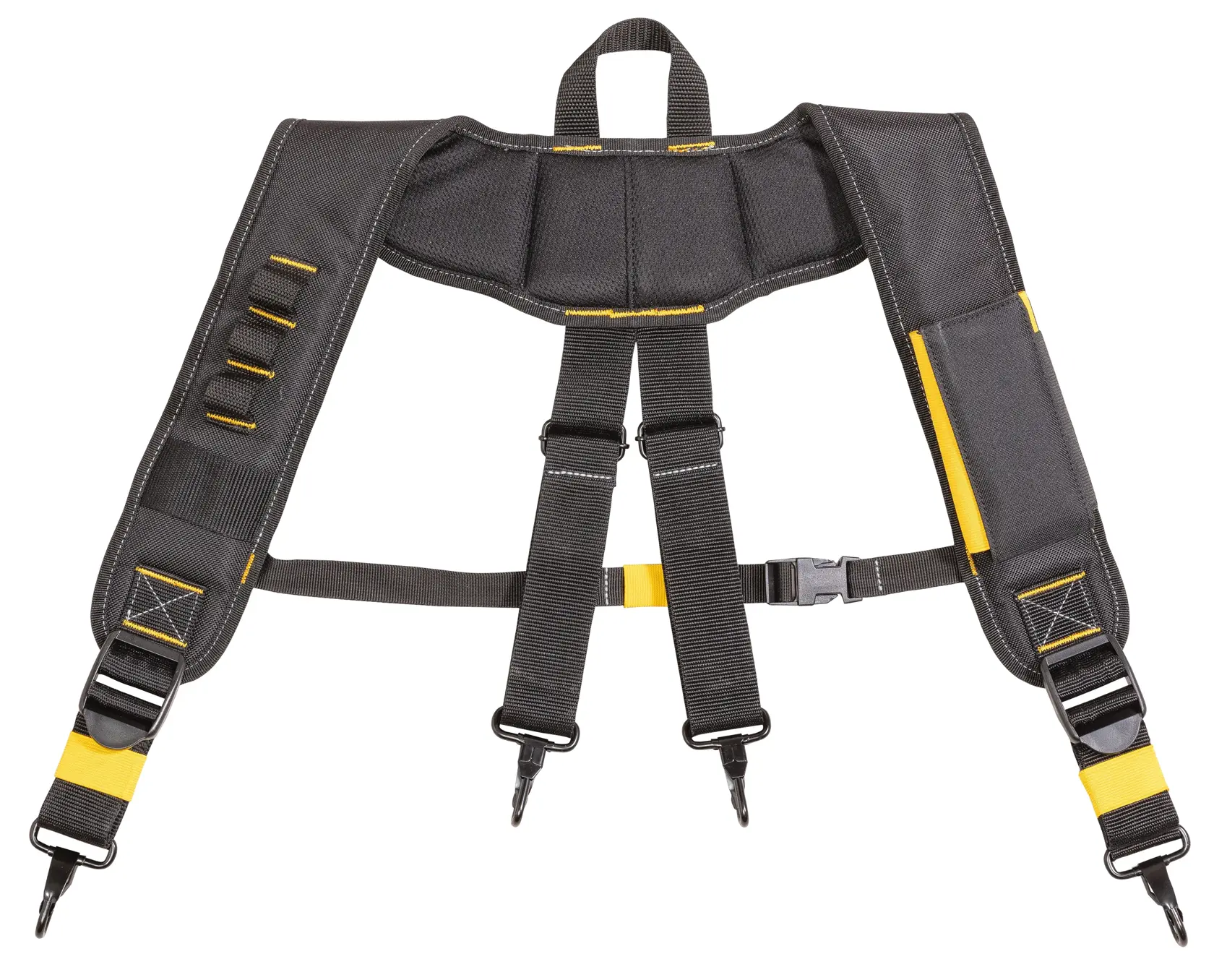 Um arnês ajustável e almofadado para ferramentas da DEWALT com detalhes em preto e amarelo, projetado para carregar cintos de ferramentas pesados. Possui vários loops e clipes para acessórios, alças acolchoadas nos ombros e fivela central para fixação segura.