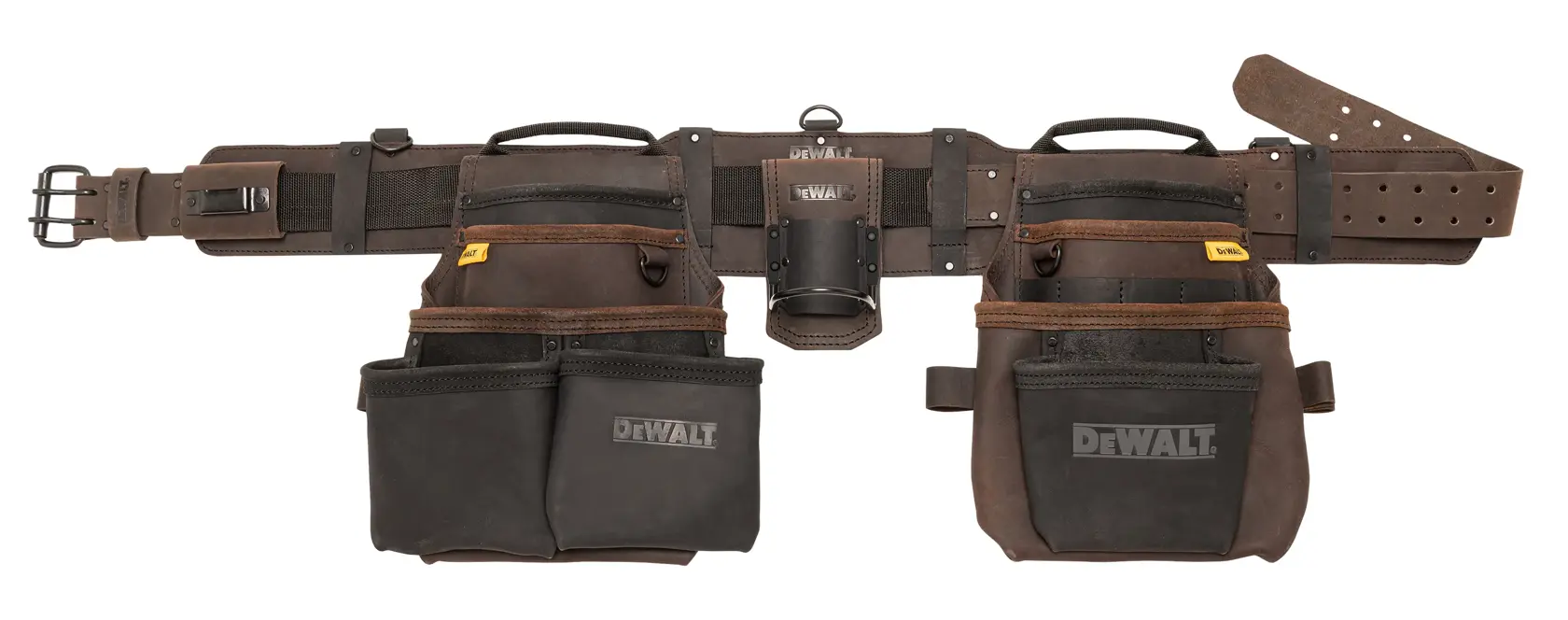 Cinturón de herramientas DEWALT de cuero con múltiples bolsillos y bolsas, mostrado sobre fondo blanco.