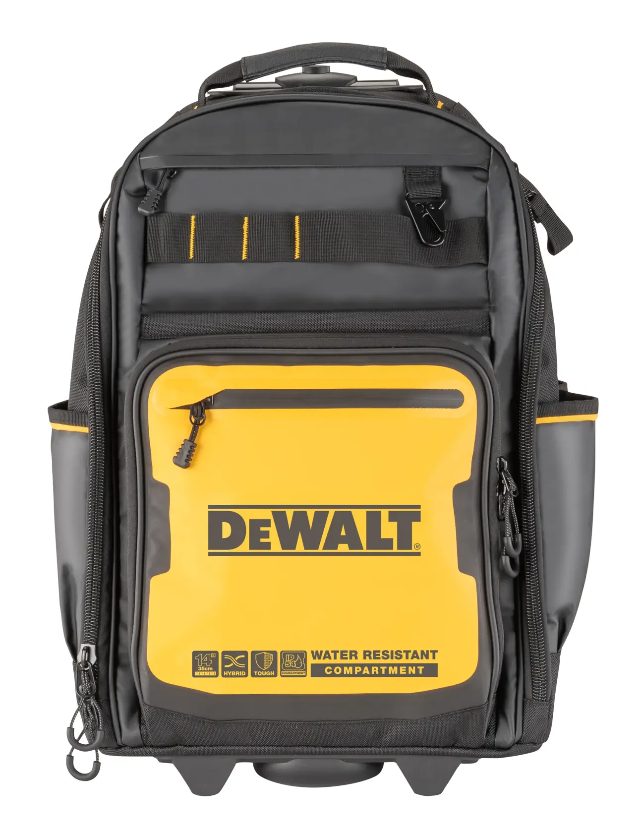 Mochila fotográfica DEWALT preta e amarela com compartimento frontal resistente à água e vários bolsos.