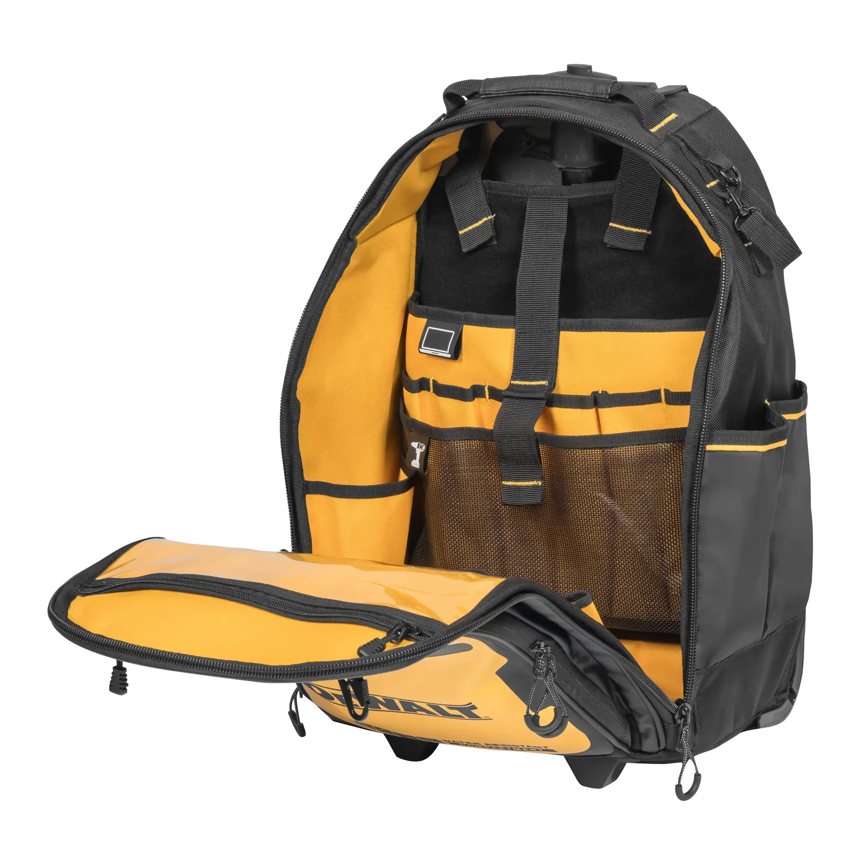 Mochila DEWALT com zíper aberto e compartimentos organizados para ferramentas e acessórios.