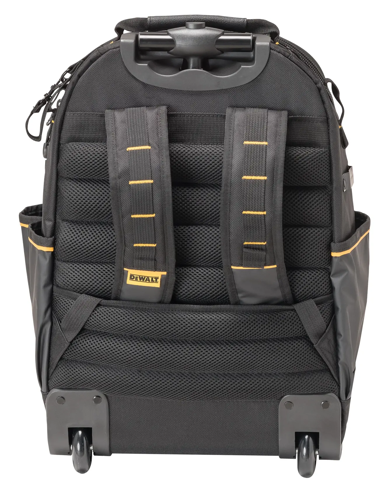 Mochila preta DEWALT para ferramentas com alças acolchoadas, bolsos laterais, puxador e rodas.