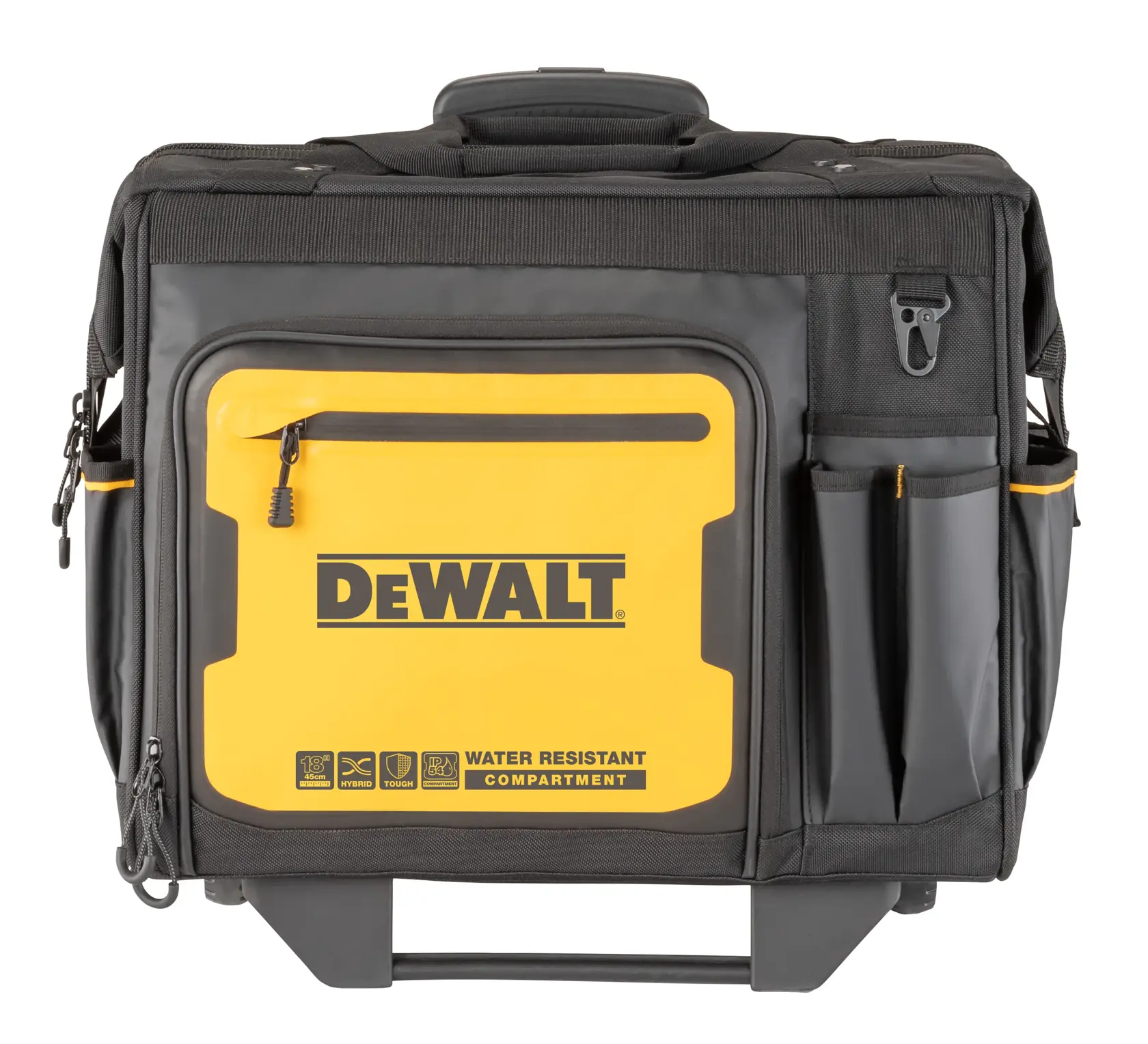 Bolsa de ferramentas DEWALT preta e amarela com compartimento resistente à água, vista frontal.