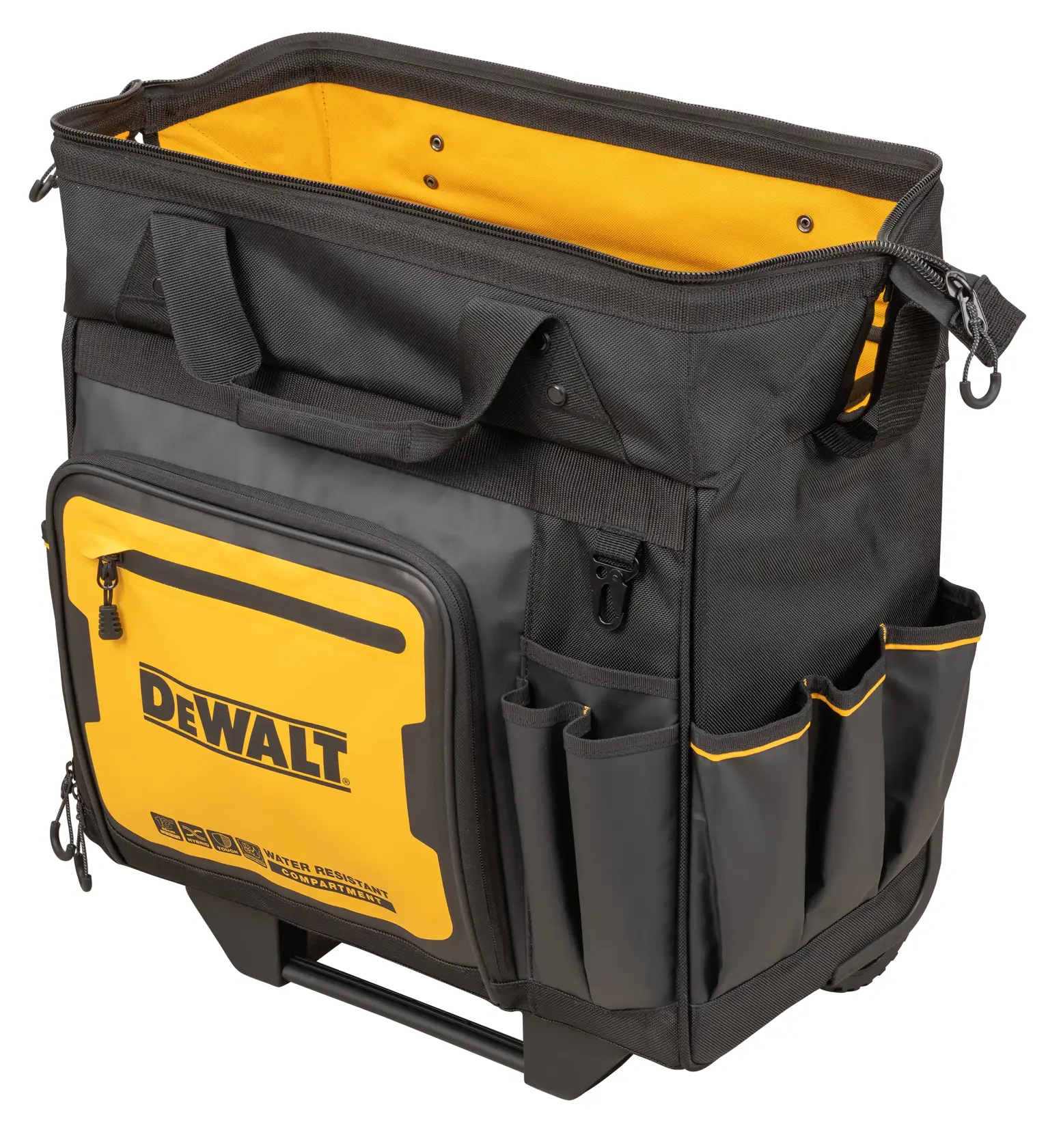 Bolsa de ferramentas preta e amarela DEWALT com bolsos externos e alças. Para transportar ferramentas.