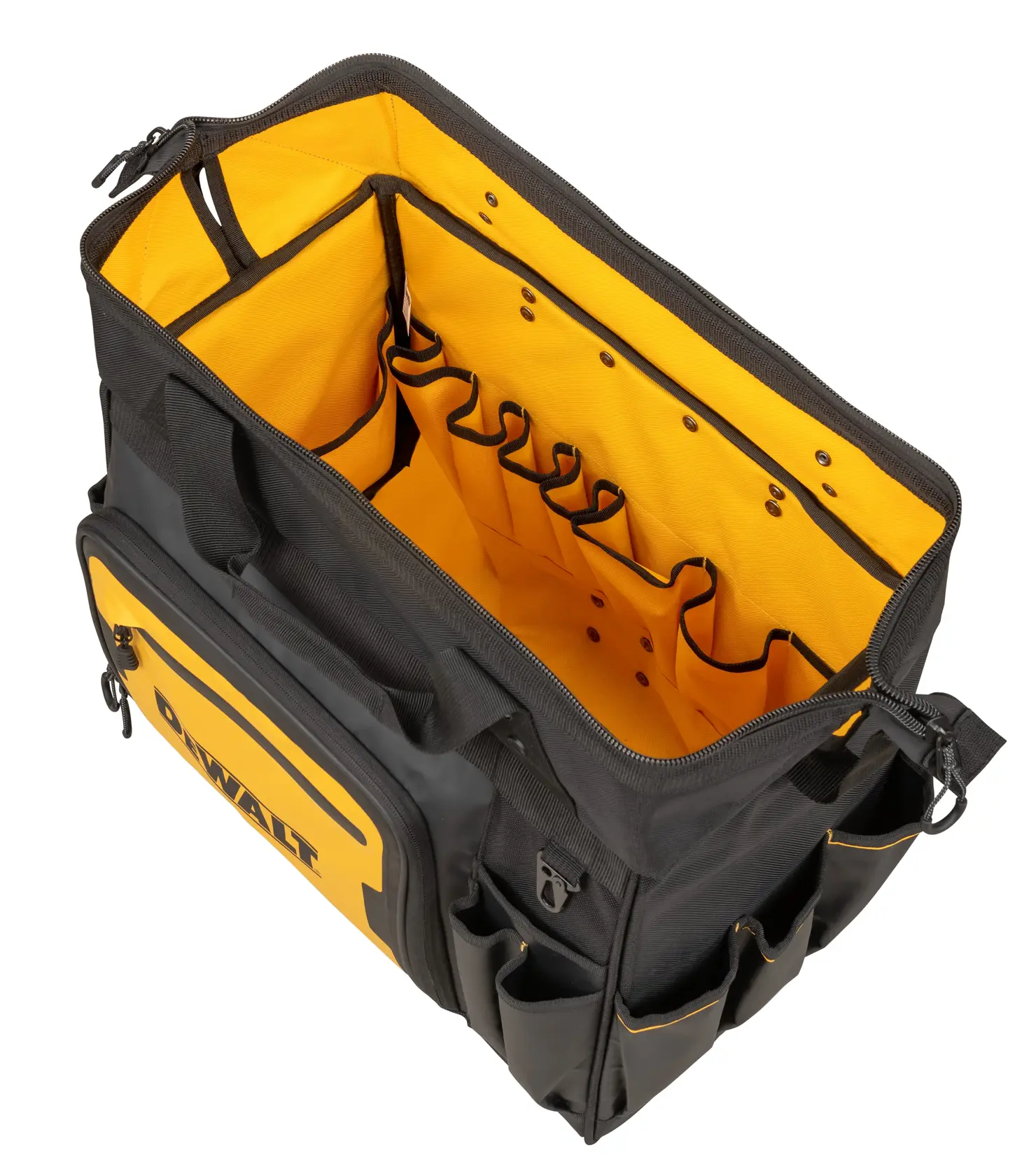 Bolsa de ferramentas DEWALT preta e amarela com vários bolsos internos e externos, vista aberta.