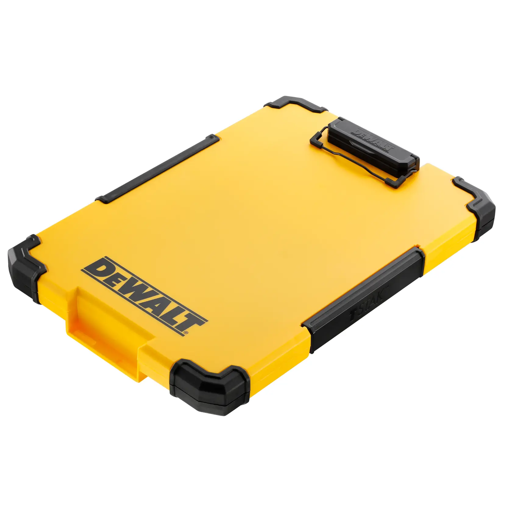Maletín amarillo DEWALT con esquinas y asa negras, para almacenar y organizar herramientas.