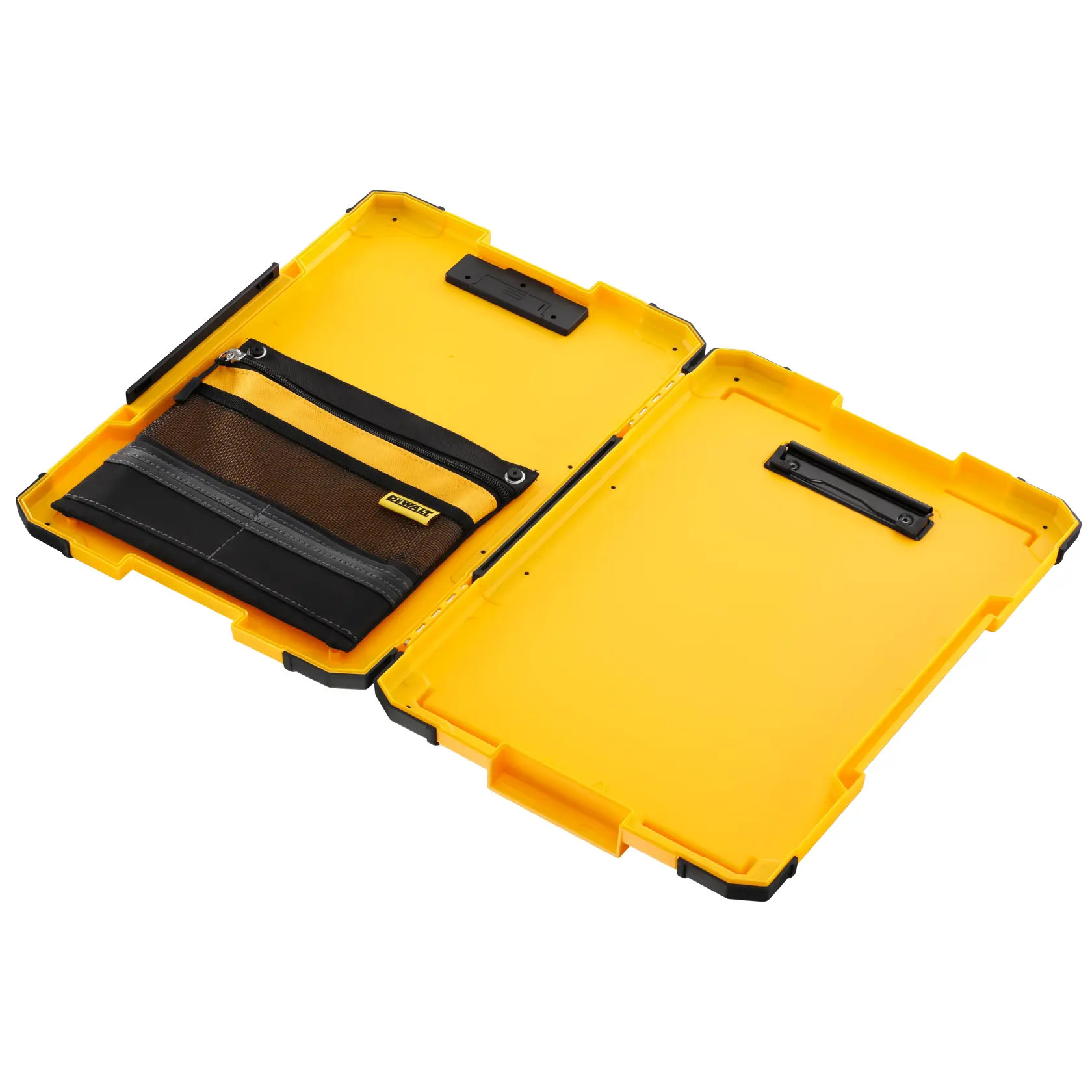 Estuche DEWALT amarillo abierto con bolsillo de malla y detalles negros, para guardar herramientas o accesorios.