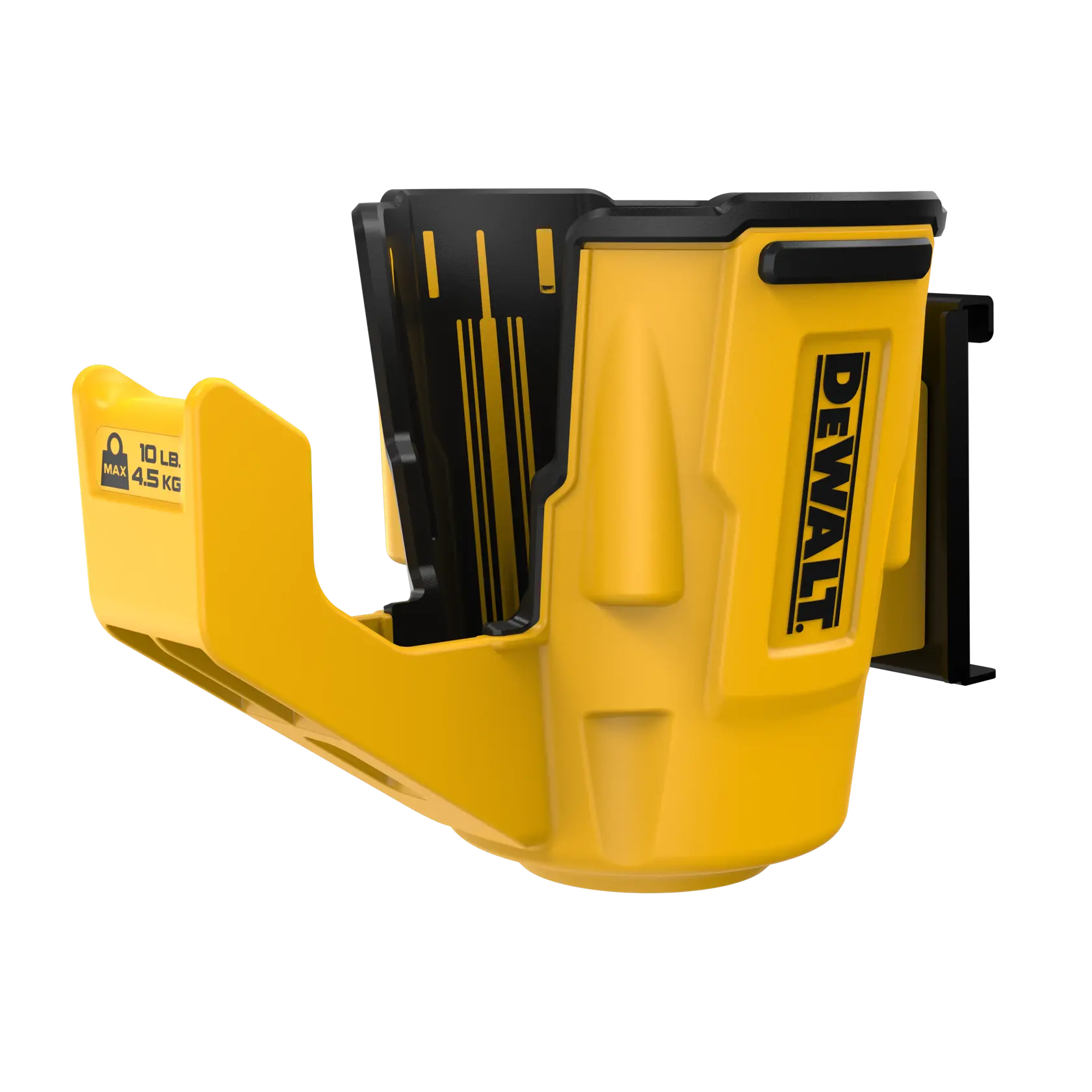 Suporte de acessórios de parede amarelo e preto DEWALT. Apresenta o logo DEWALT na lateral e uma etiqueta indicando capacidade máxima de 10 lb (4,5 kg). Projetado para armazenar ferramentas ou acessórios com segurança.